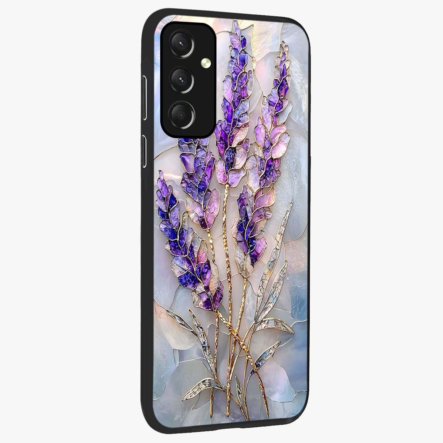 Lavender Dream Glow Glass Case upright view showcasing radiant lavender glow artwork with calming dreamy theme.