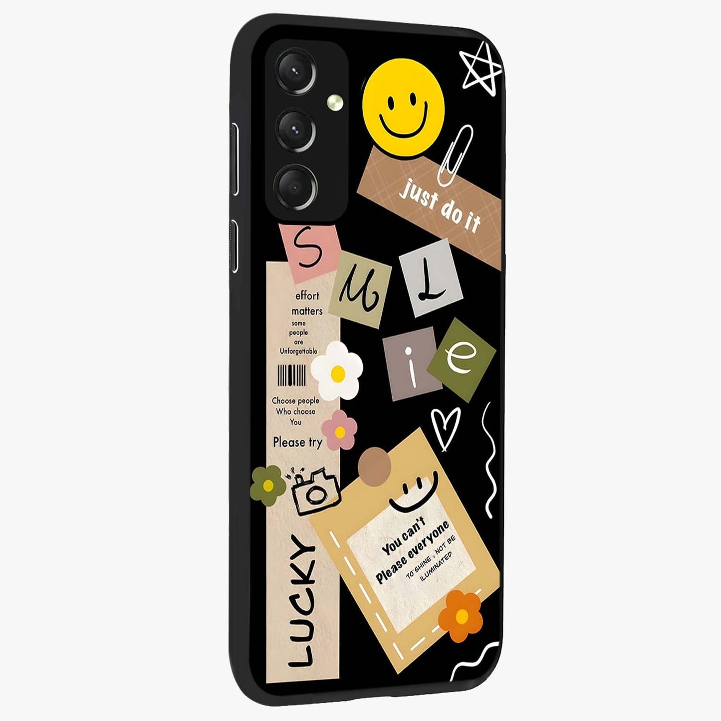 Lucky Aesthetic Collage Glass Case upright view showcasing vibrant collage artwork with youthful aesthetic theme.