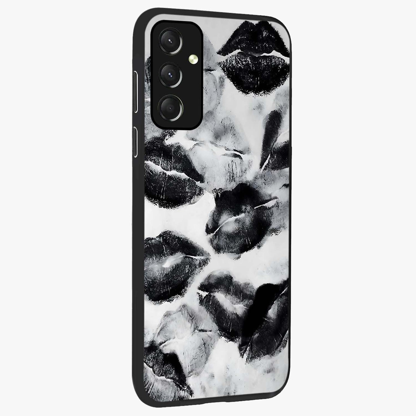 Midnight Kiss Marks Glass Case upright view showcasing stylish kiss mark artwork with trendy romantic theme.