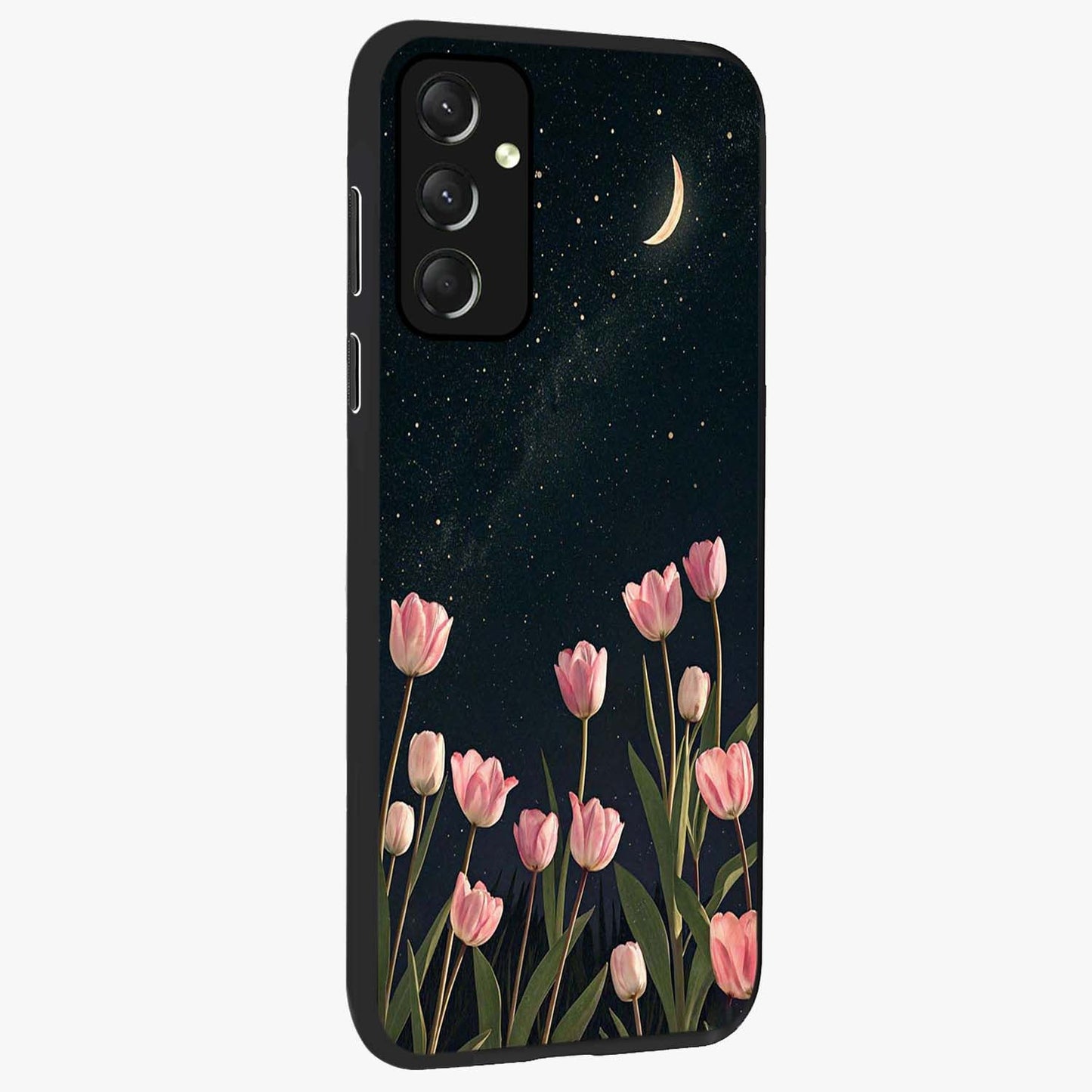 Midnight Tulip Whispers Vibe Glass Case upright view showcasing graceful tulip artwork with calm botanical theme.