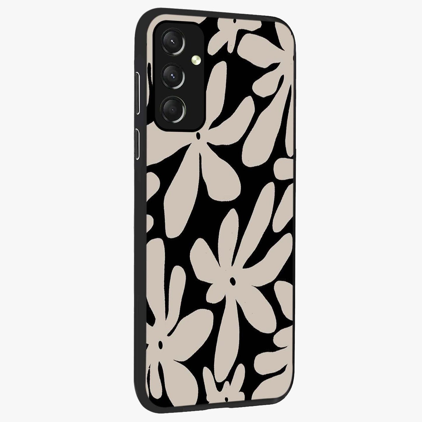 Monochrome Petal Dance Glass Case upright view showcasing artistic floral pattern with stylish monochrome theme.