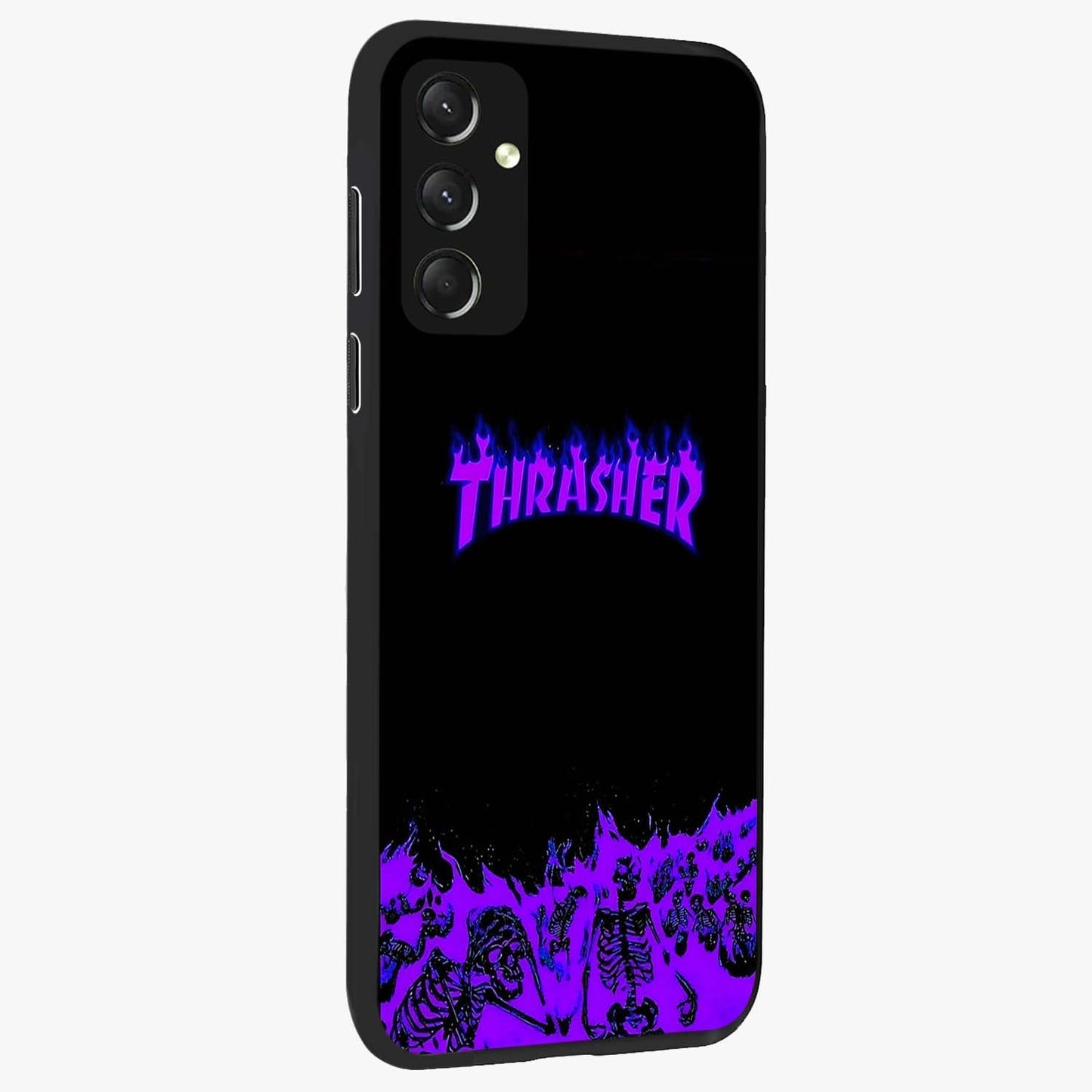 Neon Flame Riot Glass Case upright view showcasing dynamic flame artwork with energetic neon theme.