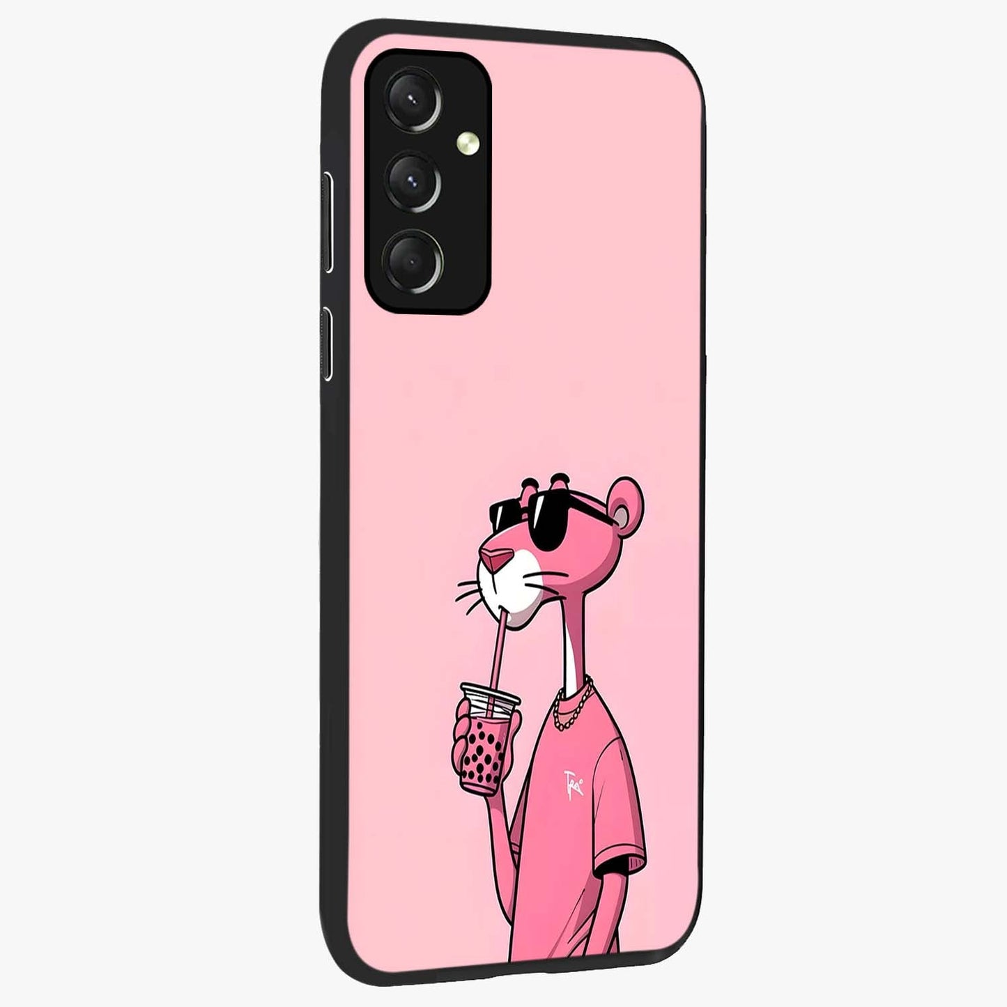 Pink Panther Glass Case upright view showcasing fun animated artwork with stylish retro cartoon theme.