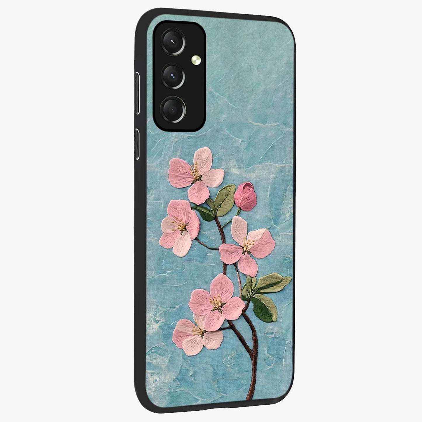 Threaded Blossom Breeze Glass Case upright view showcasing graceful flower artwork with calm botanical theme.