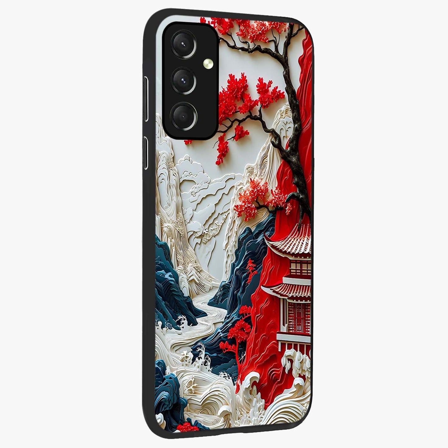 Whispers Of Sakura Waves Glass Case upright view showcasing delicate cherry blossom artwork with elegant nature theme.