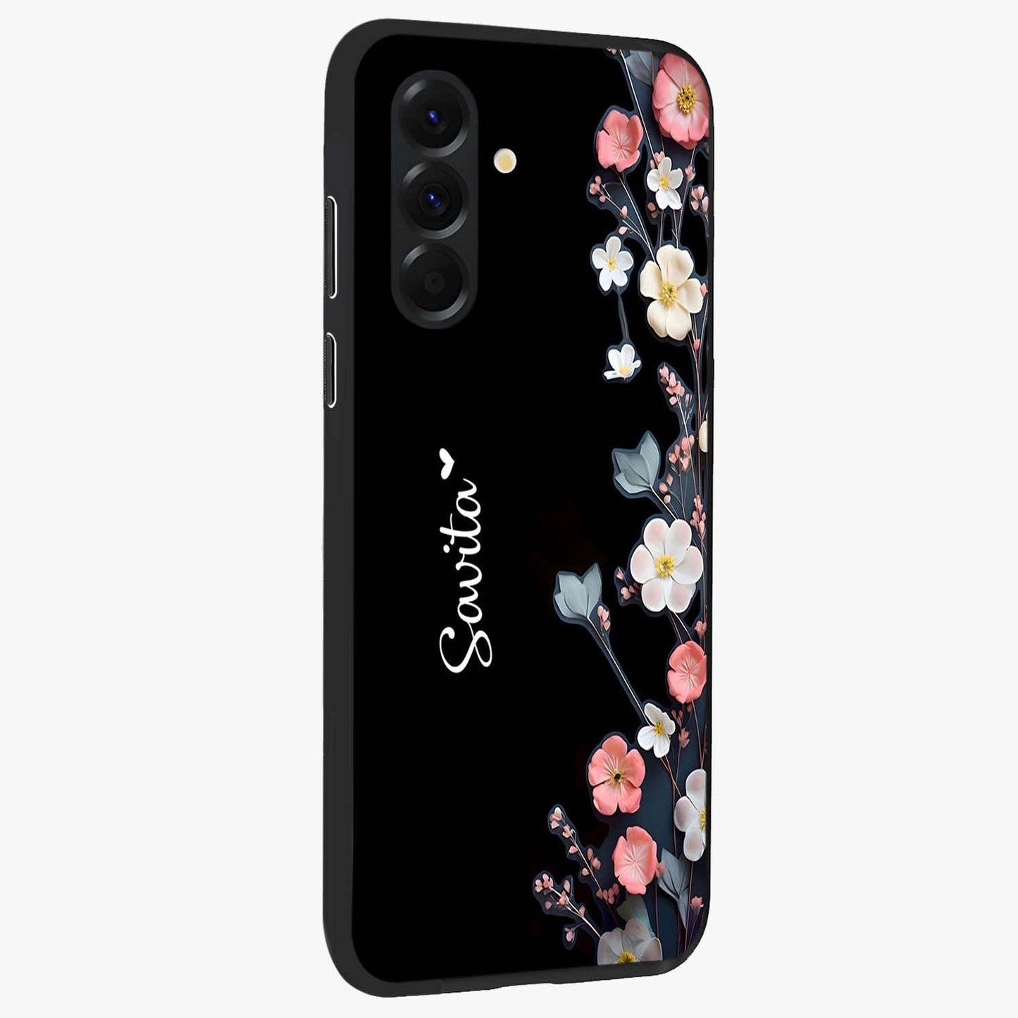 Black Elegance Floral Custom Name Glass Case upright view showcasing luxurious black floral design with personalized name detail.