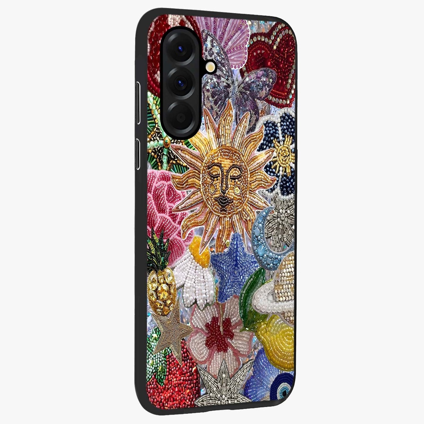 Celestial Floral and Playful Glass Case upright view showcasing whimsical floral artwork with cosmic aesthetic theme.