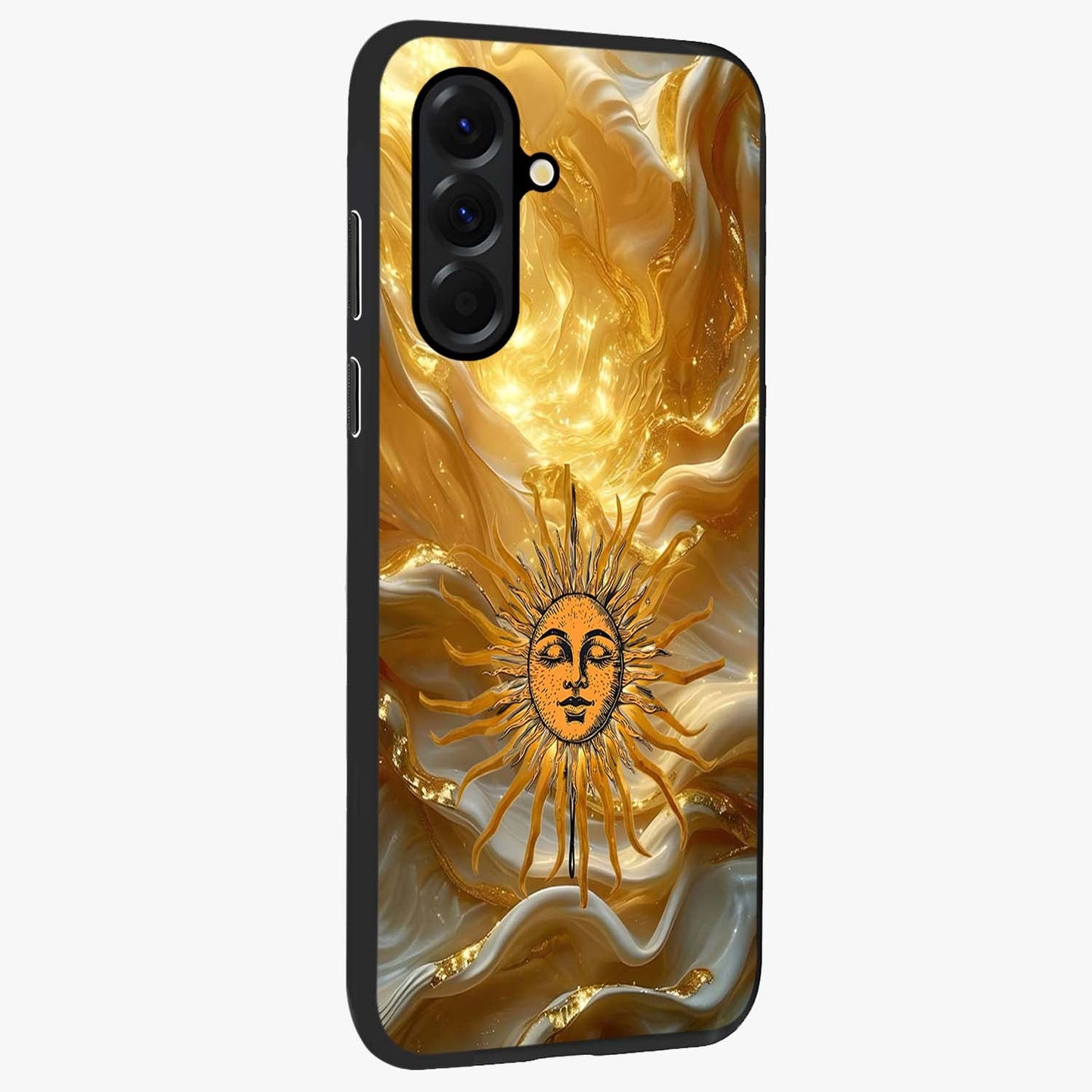 Eternal Golden Glow Glass Case upright view showcasing luminous golden artwork with luxurious visual theme.