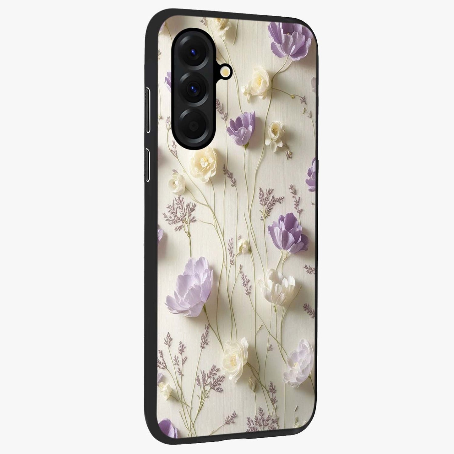 Lilac Breeze Harmony Glass Case upright view showcasing delicate lilac artwork with peaceful floral theme.