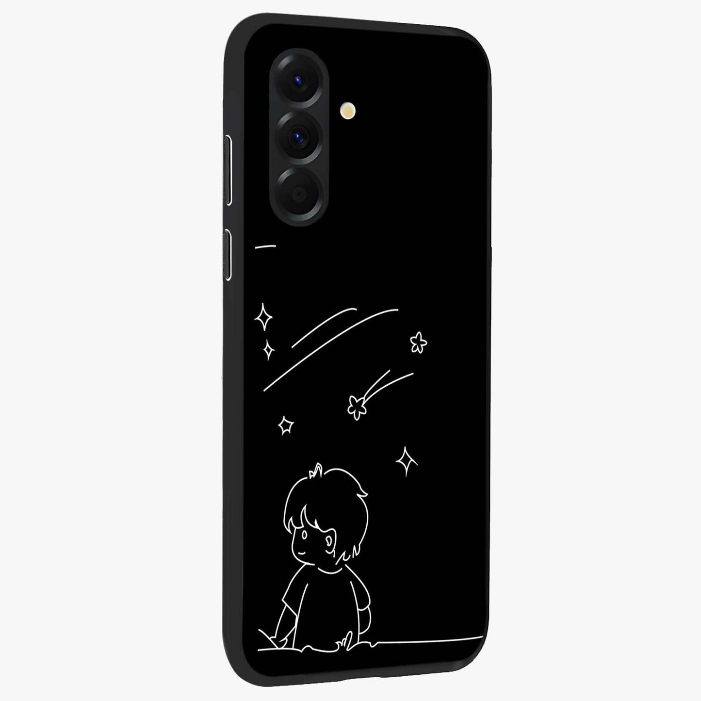 Line Art Boy With Shooting Stars Glass Case upright view showcasing artistic shooting star illustration with minimal style.