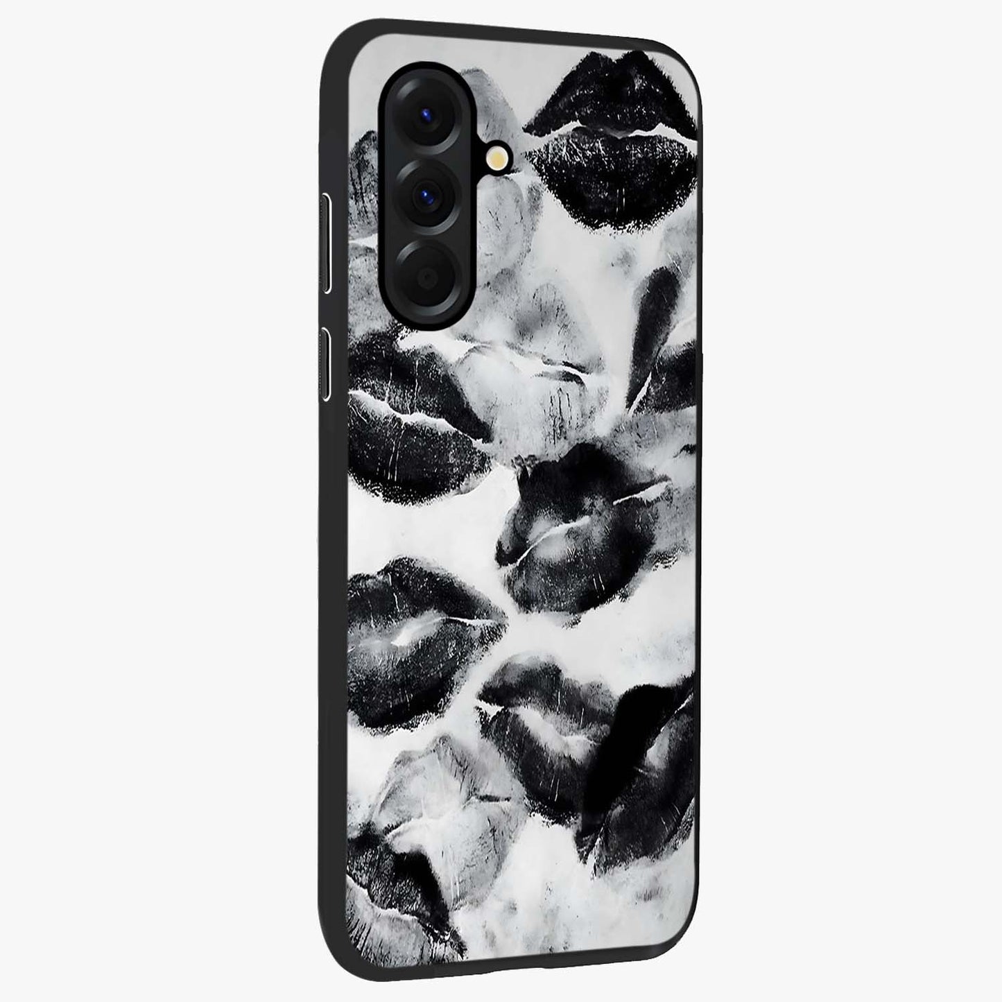 Midnight Kiss Marks Glass Case upright view showcasing stylish kiss mark artwork with trendy romantic theme.