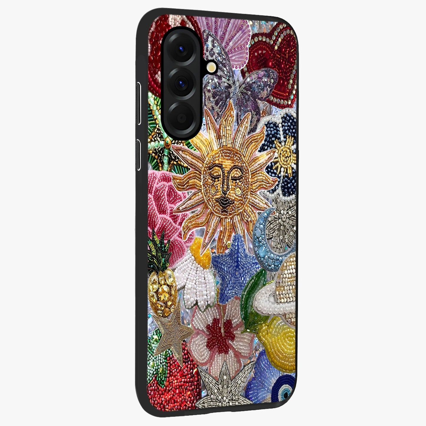 Celestial Floral and Playful Glass Case upright view showcasing whimsical floral artwork with cosmic aesthetic theme.