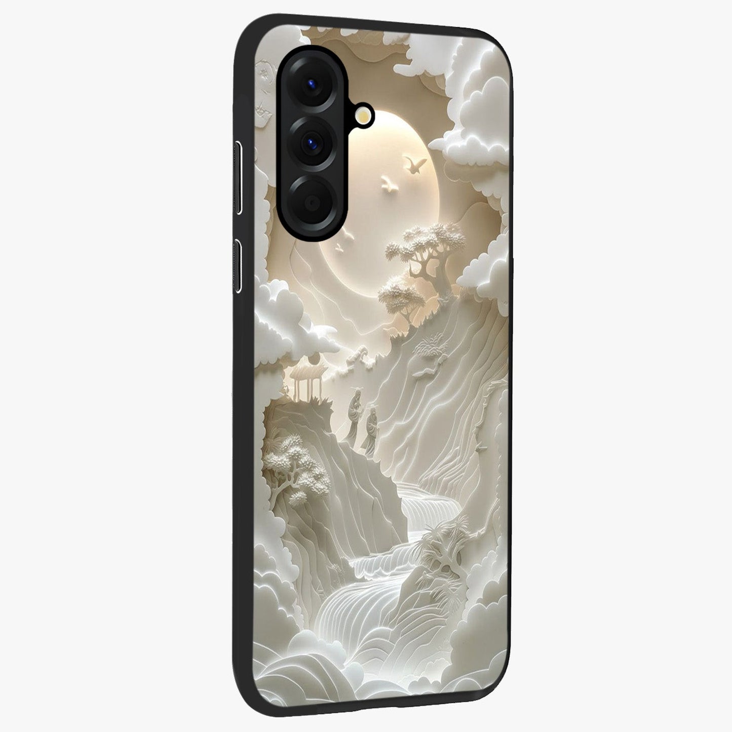 Celestial Origami Glass Case upright view showcasing creative origami artwork with modern celestial style.