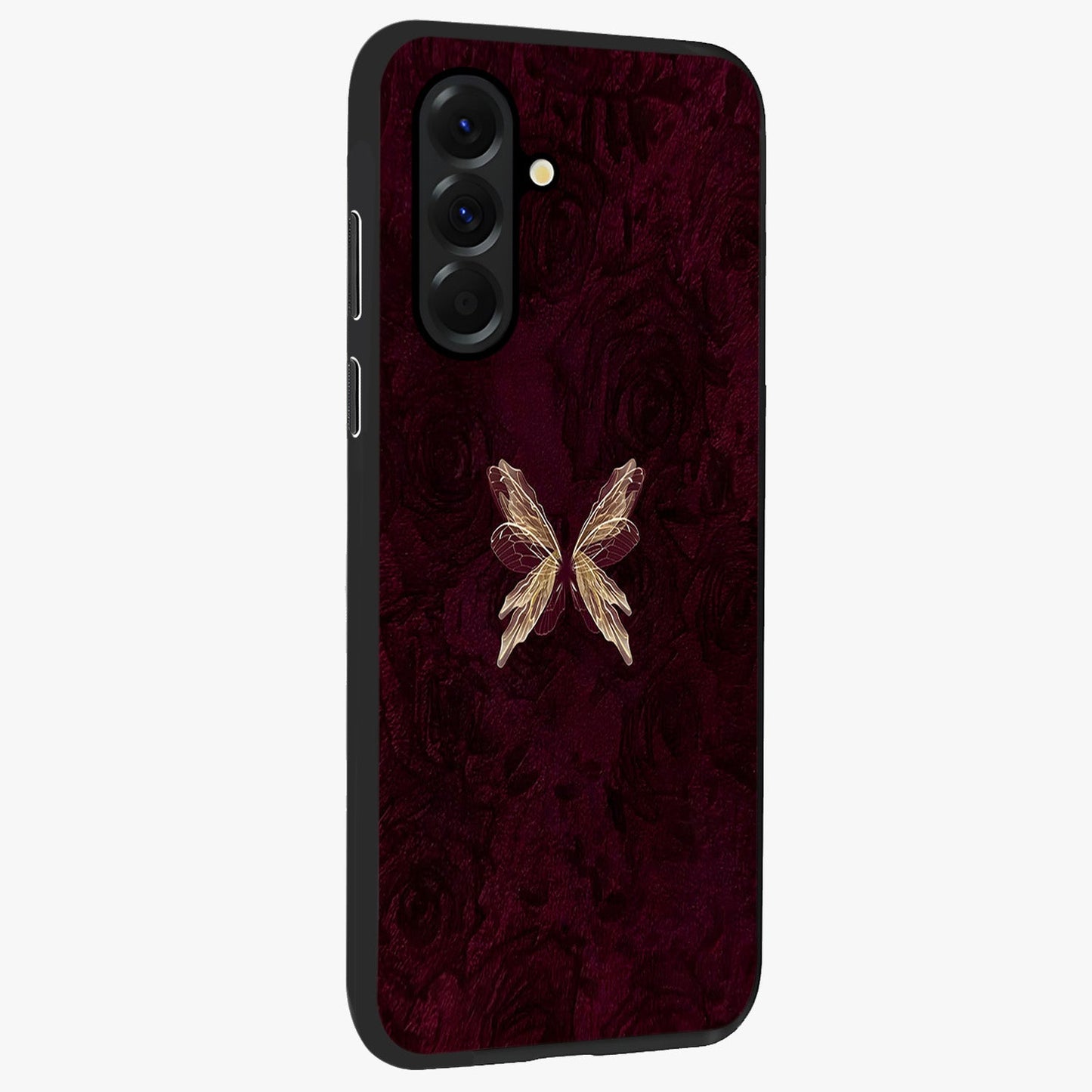 Crimson Fade Butterfly Glass Case upright view showcasing graceful butterfly artwork with soft crimson fade effect.