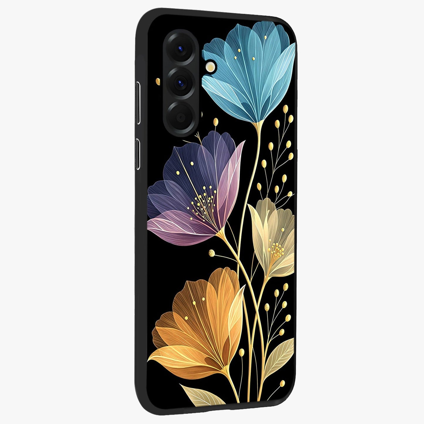 Delicate Multicolor Flowers Glass Case upright view showcasing delicate floral artwork with bright botanical theme.