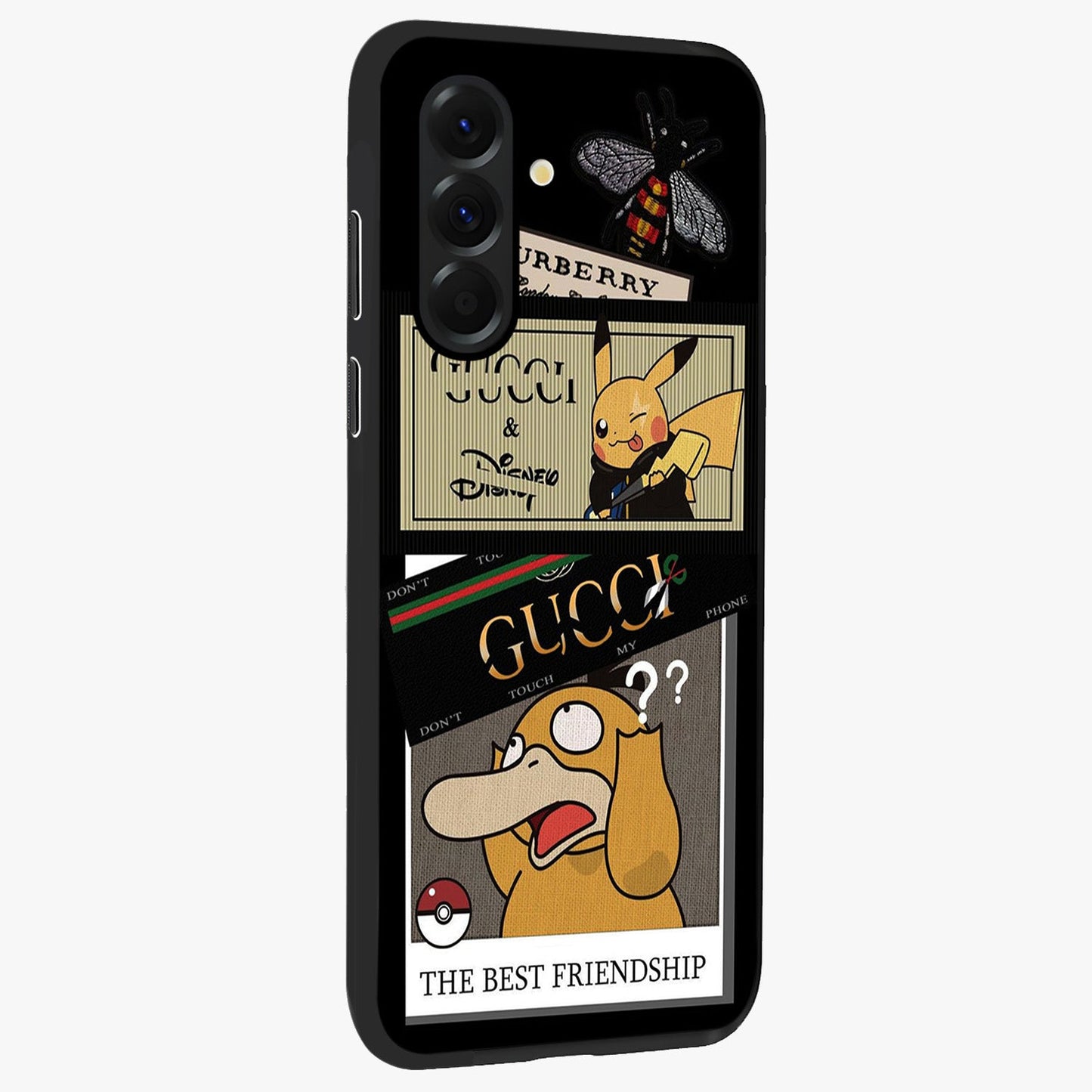 Gucci Play Mashup Glass Case upright view showcasing trendy luxury inspired artwork with modern fashion theme.