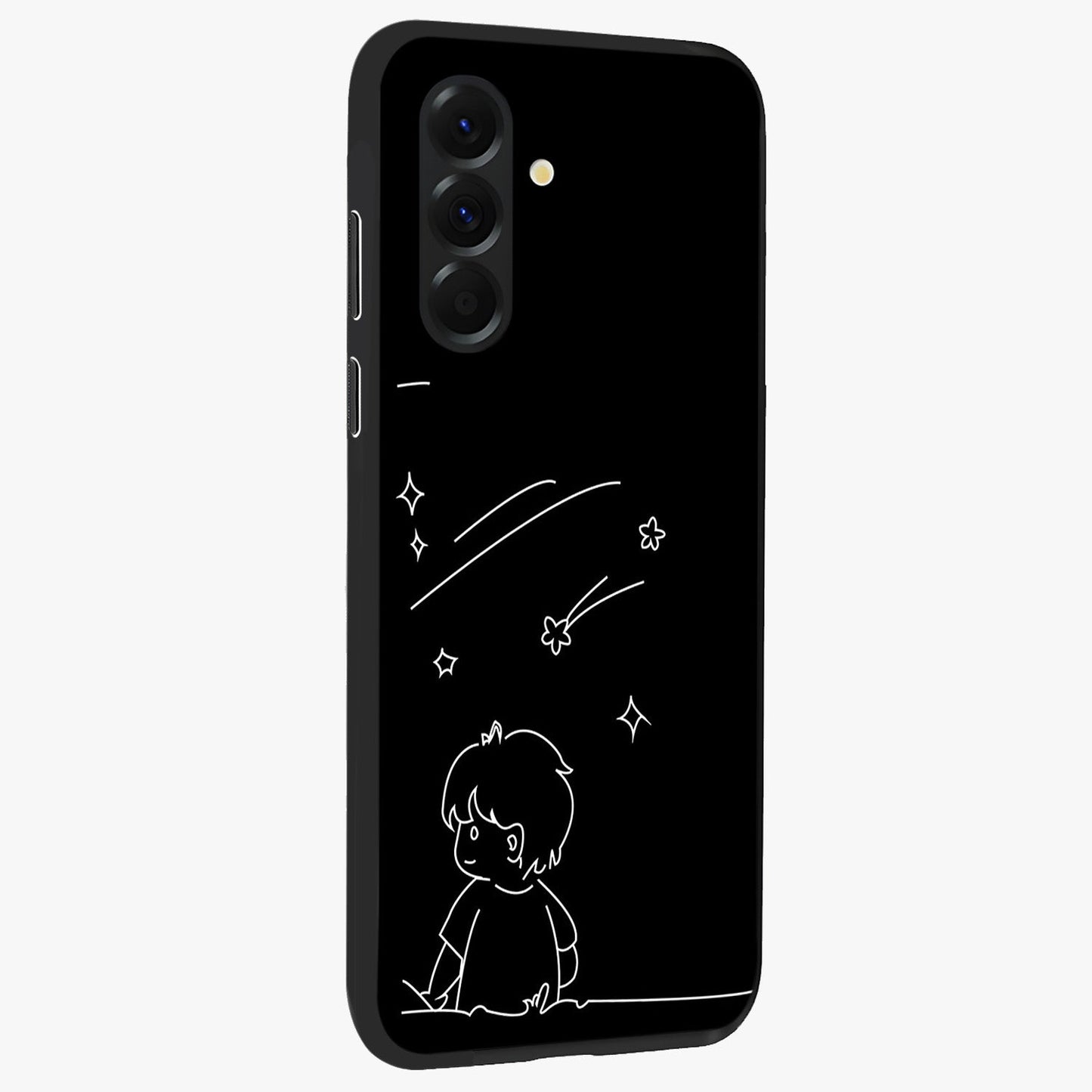 Line Art Boy With Shooting Stars Glass Case upright view showcasing artistic shooting star illustration with minimal style.