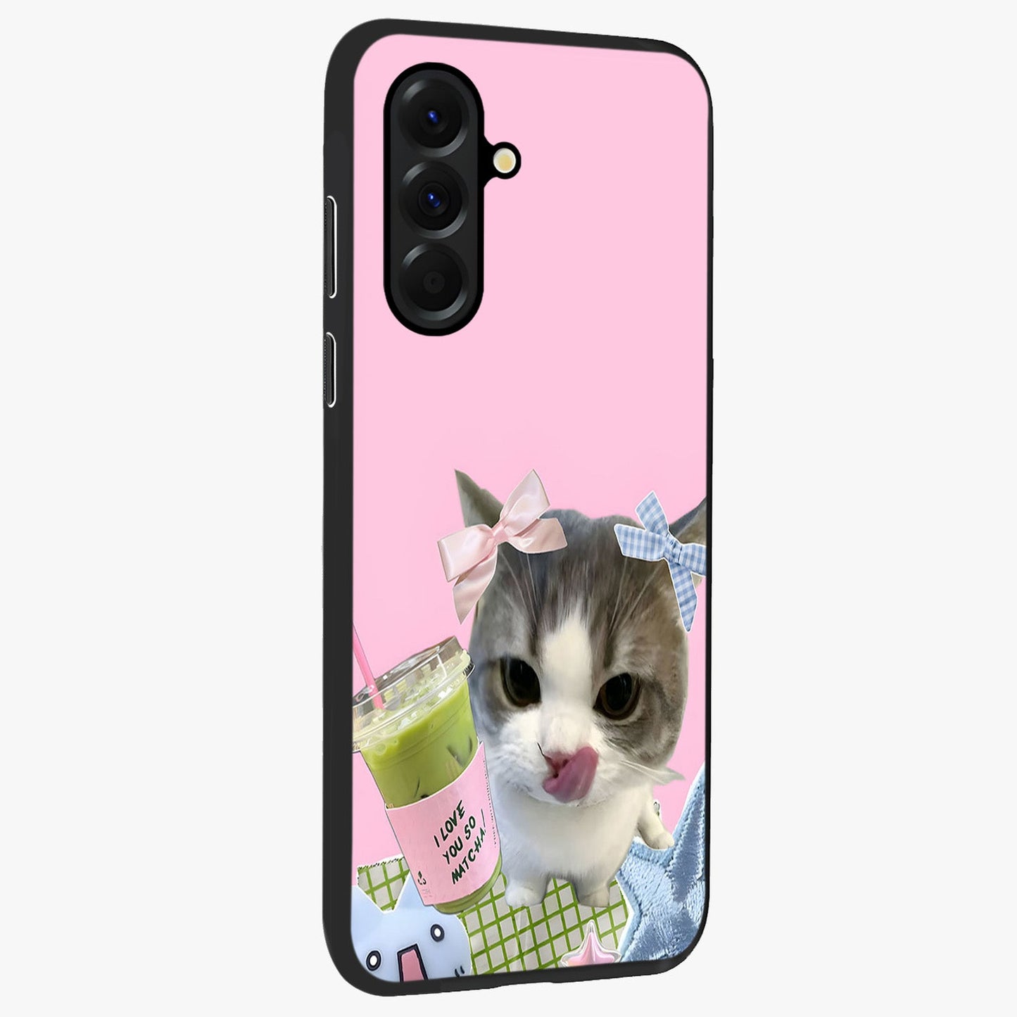 Love Matcha Cat Glass Case upright view showcasing adorable cat artwork with charming matcha themed design.