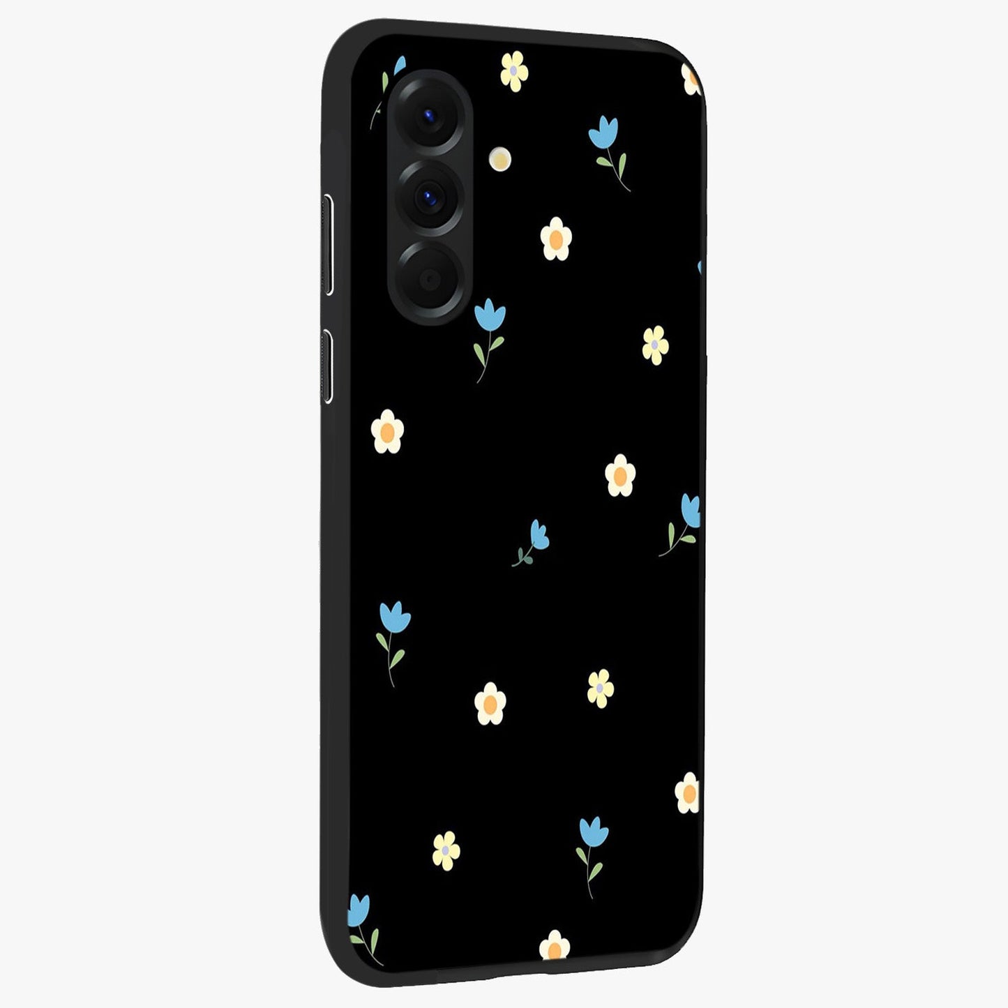 Minimal Petal Whispers Glass Case upright view showcasing elegant floral artwork with modern minimalist style.