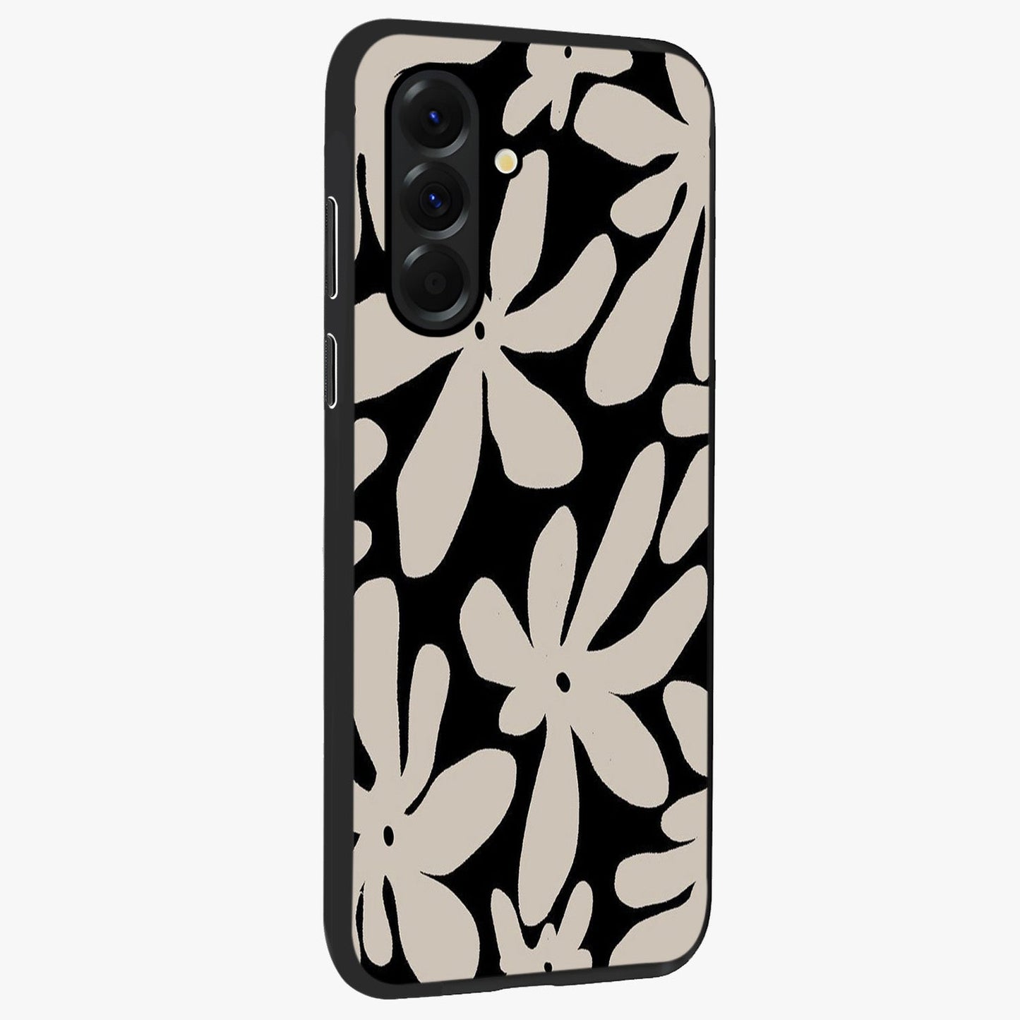 Monochrome Petal Dance Glass Case upright view showcasing artistic floral pattern with stylish monochrome theme.