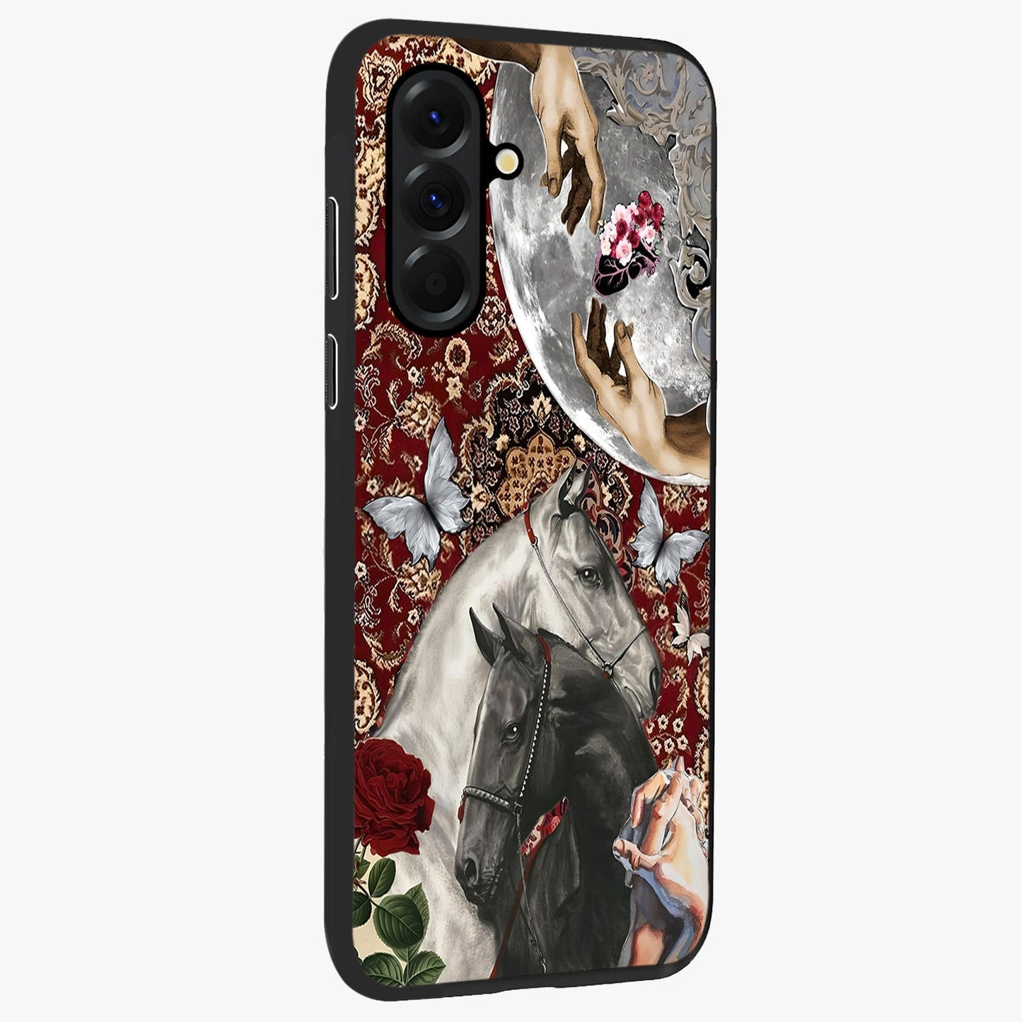 Moonlit Royal Stallion Glass Case upright view showcasing dramatic horse artwork with glowing moon themed design.