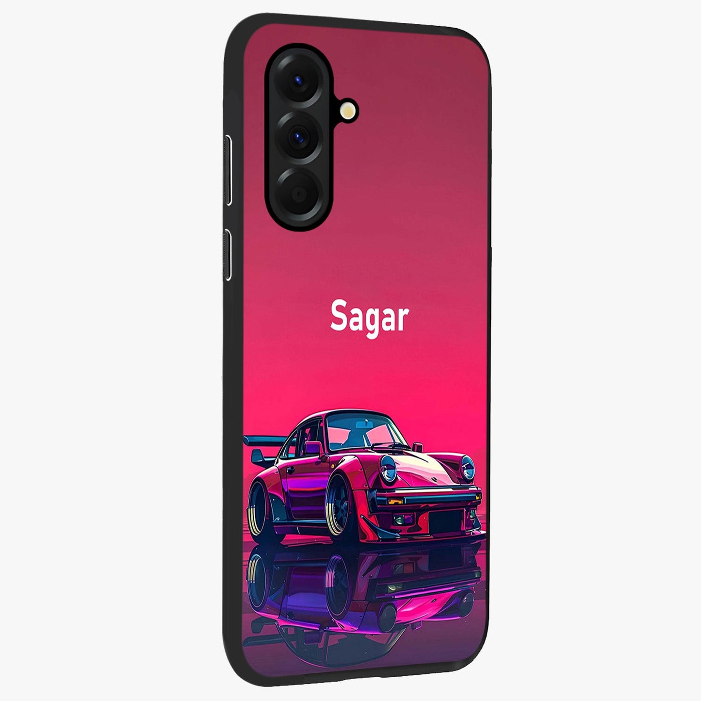 Neon Pink Porsche Glass Case upright view showcasing vibrant sports car artwork with bold automotive theme.