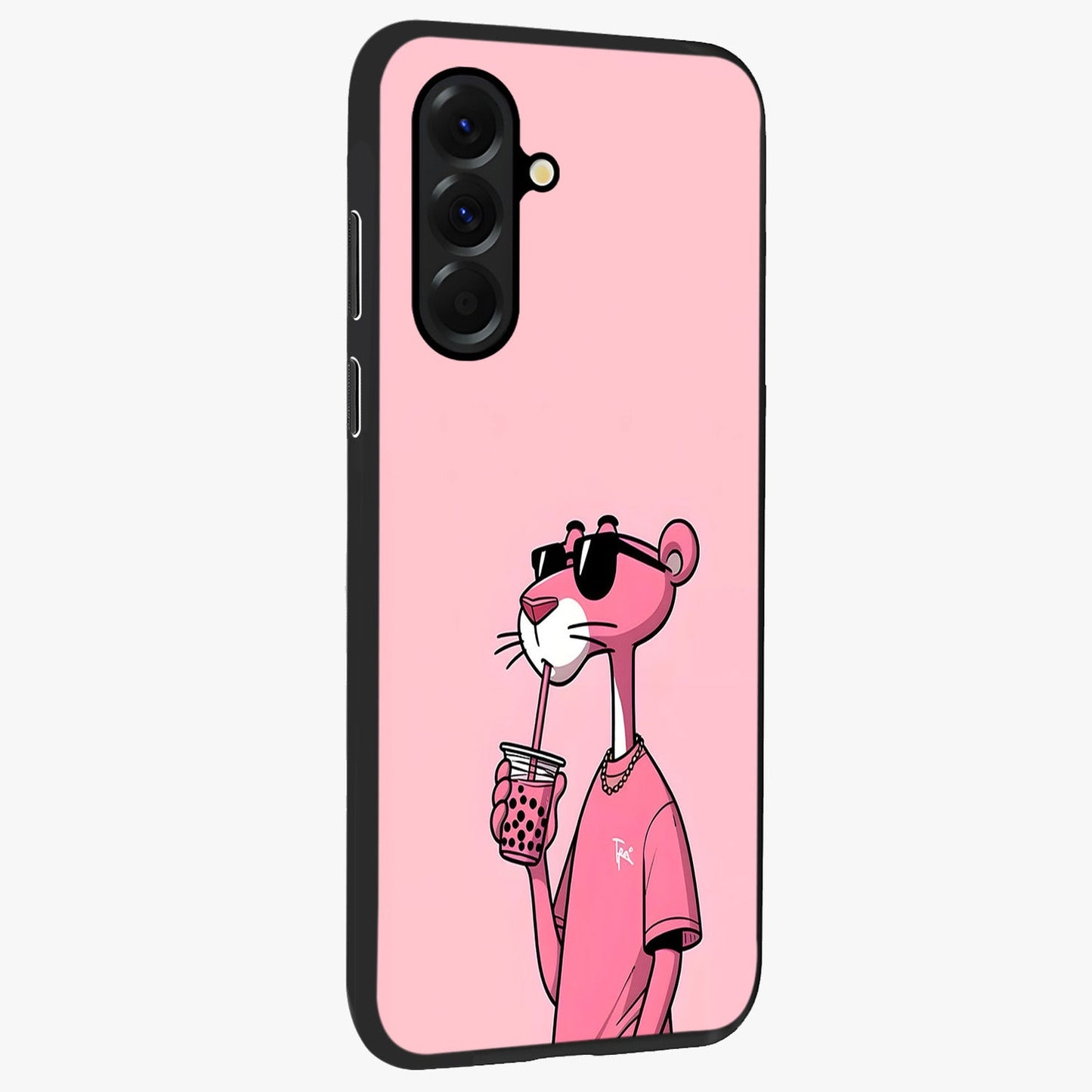 Pink Panther Glass Case upright view showcasing fun animated artwork with stylish retro cartoon theme.