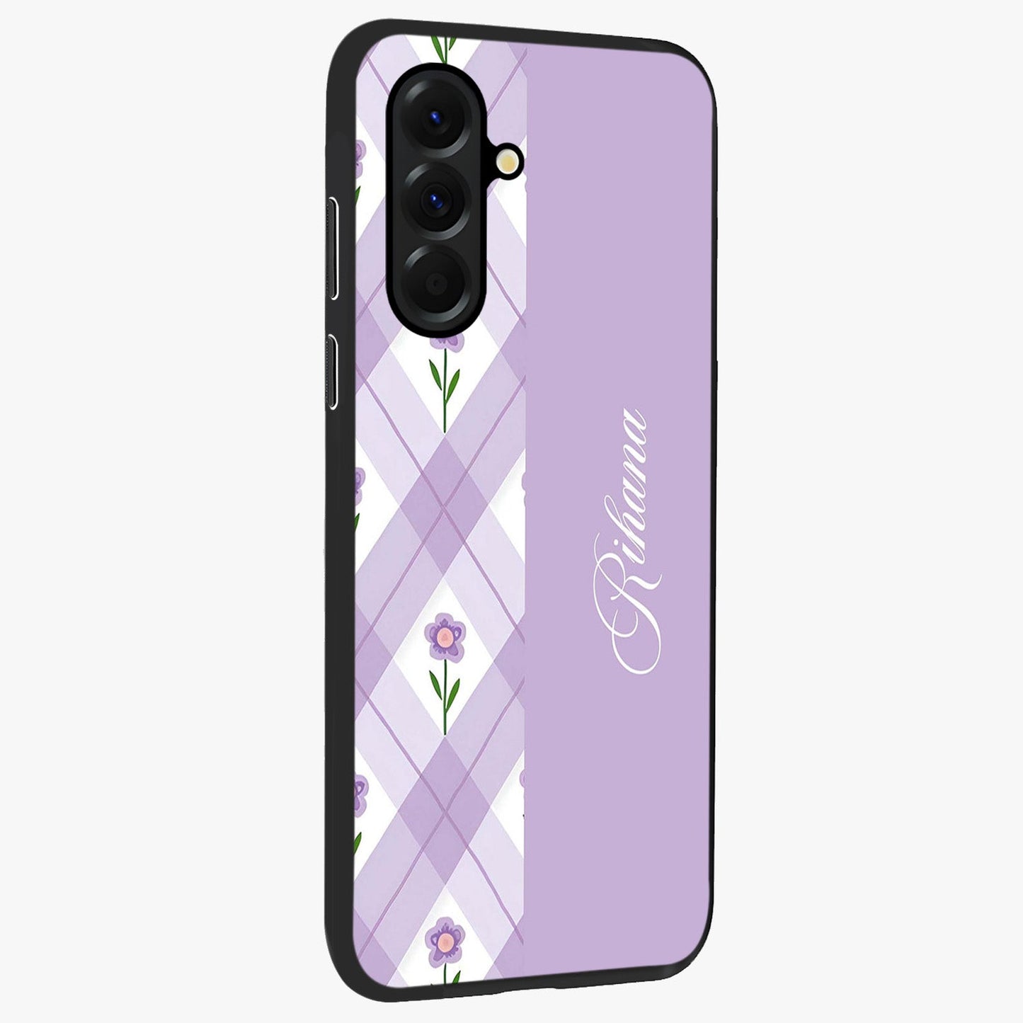 Purple Diamond Floral Glass Case upright view showcasing vibrant floral artwork with stylish geometric theme.