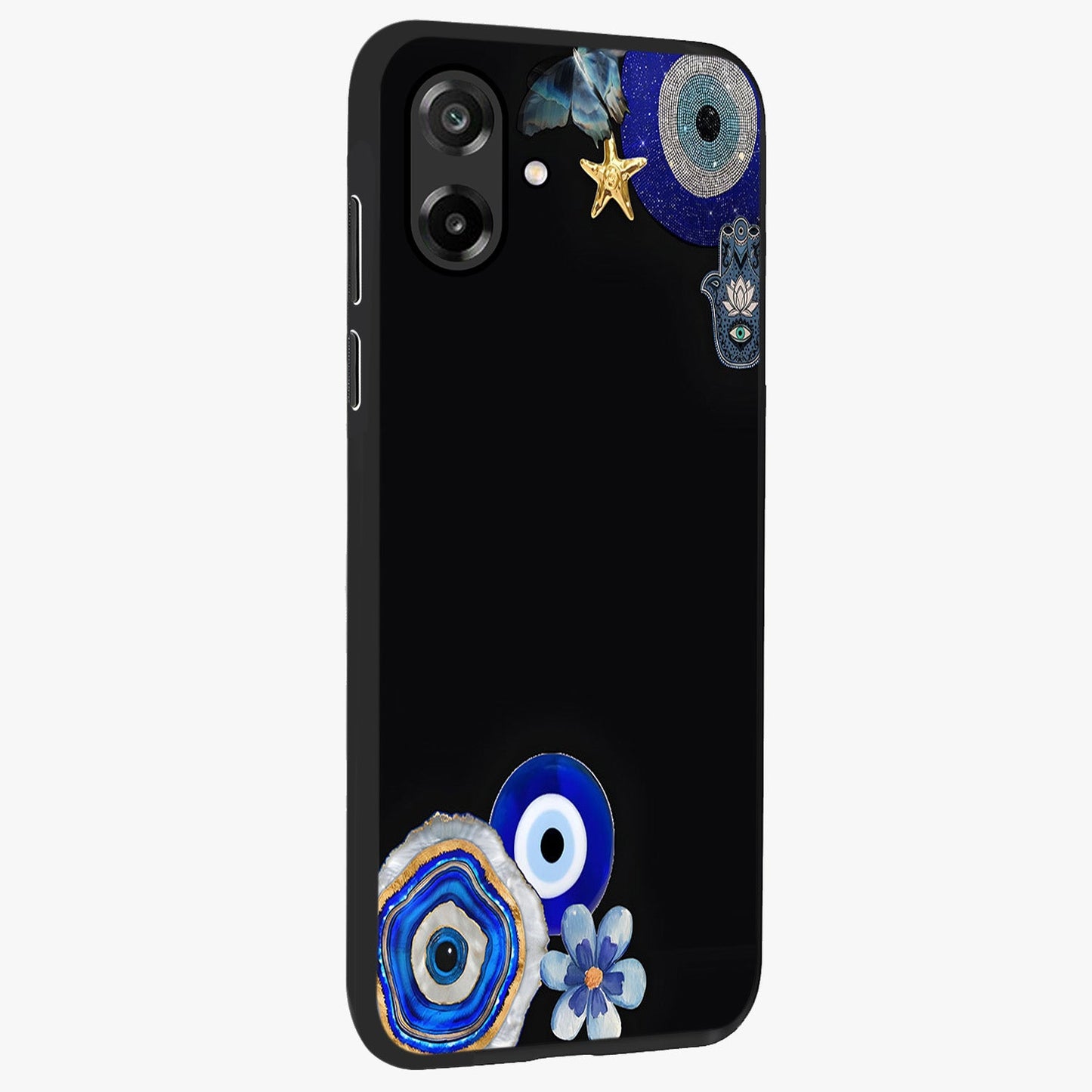Aesthetic Blue Evil Eye Glass Case upright view showcasing mystical evil eye graphic with minimal aesthetic style.