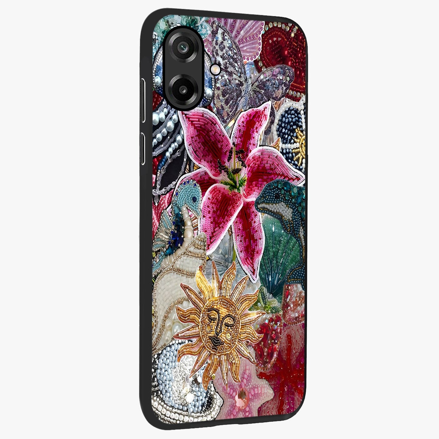 Beaded Garden Fantasy Glass Case upright view showcasing whimsical garden aesthetic with artistic bead details.