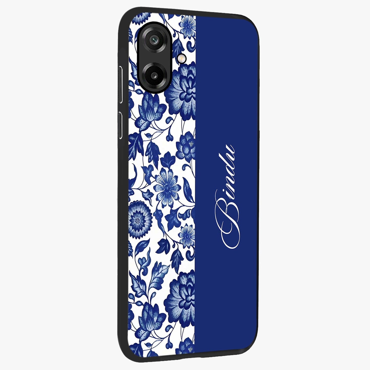 Blue Vintage Floral Pattern Glass Case upright view showcasing delicate blush floral texture with modern minimal style.