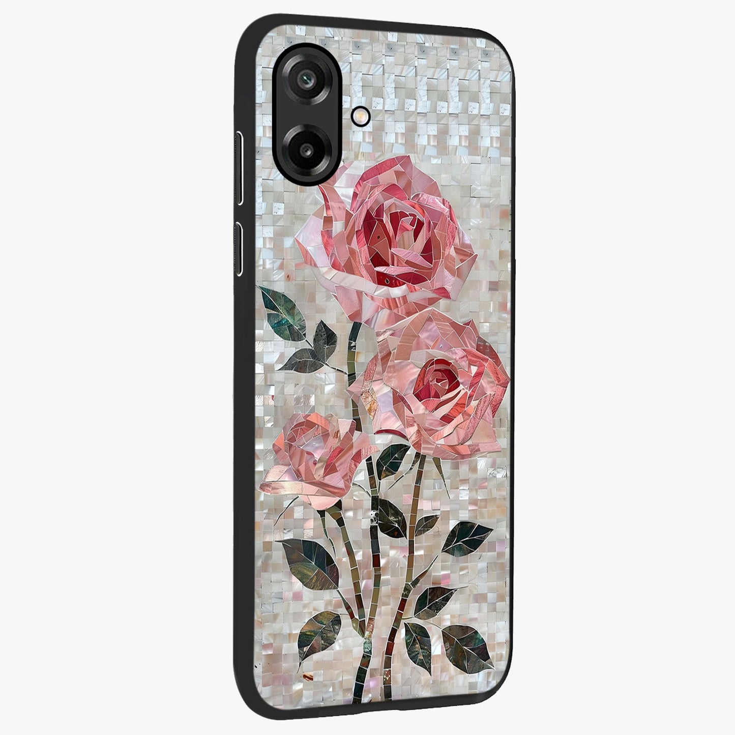 Blush Mosaic Bloom Glass Case upright view showcasing decorative floral mosaic artwork with stylish modern aesthetic.