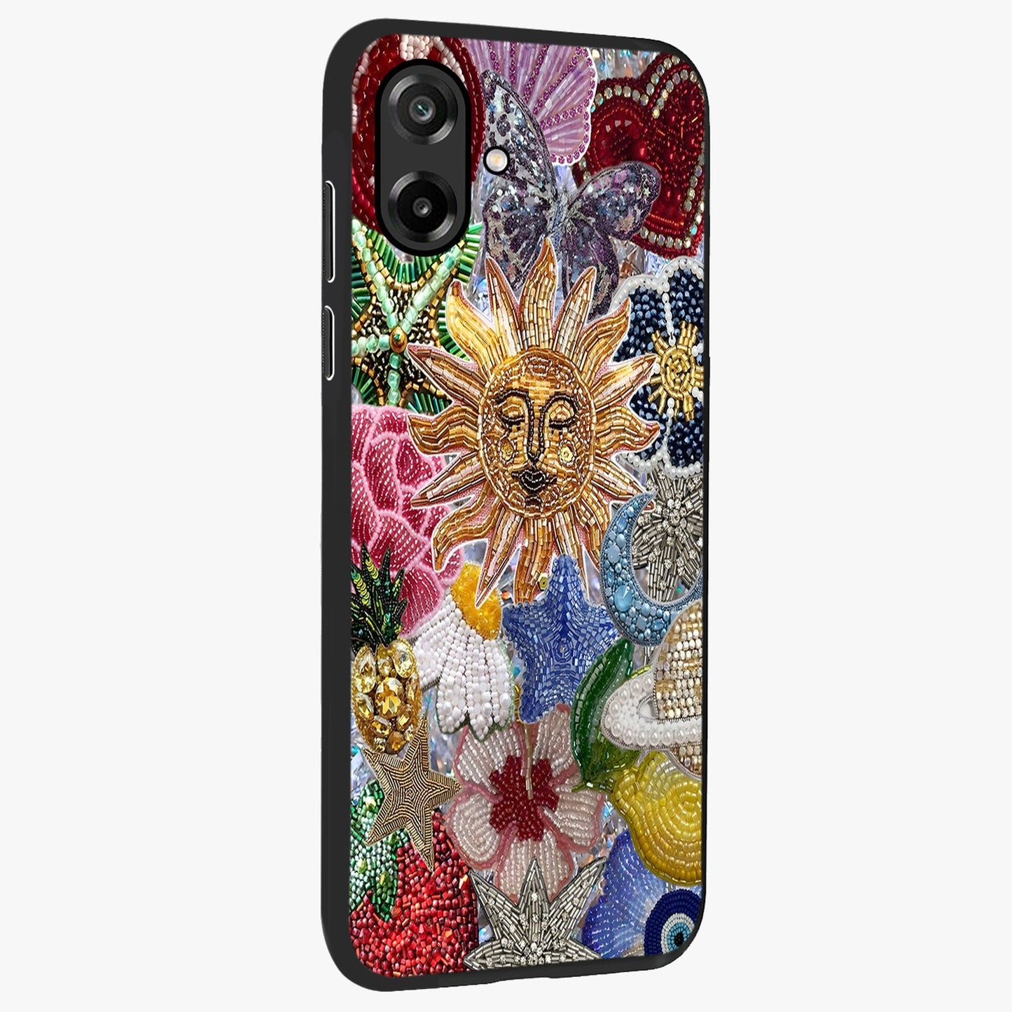 Celestial Floral and Playful Glass Case upright view showcasing whimsical floral artwork with cosmic aesthetic theme.