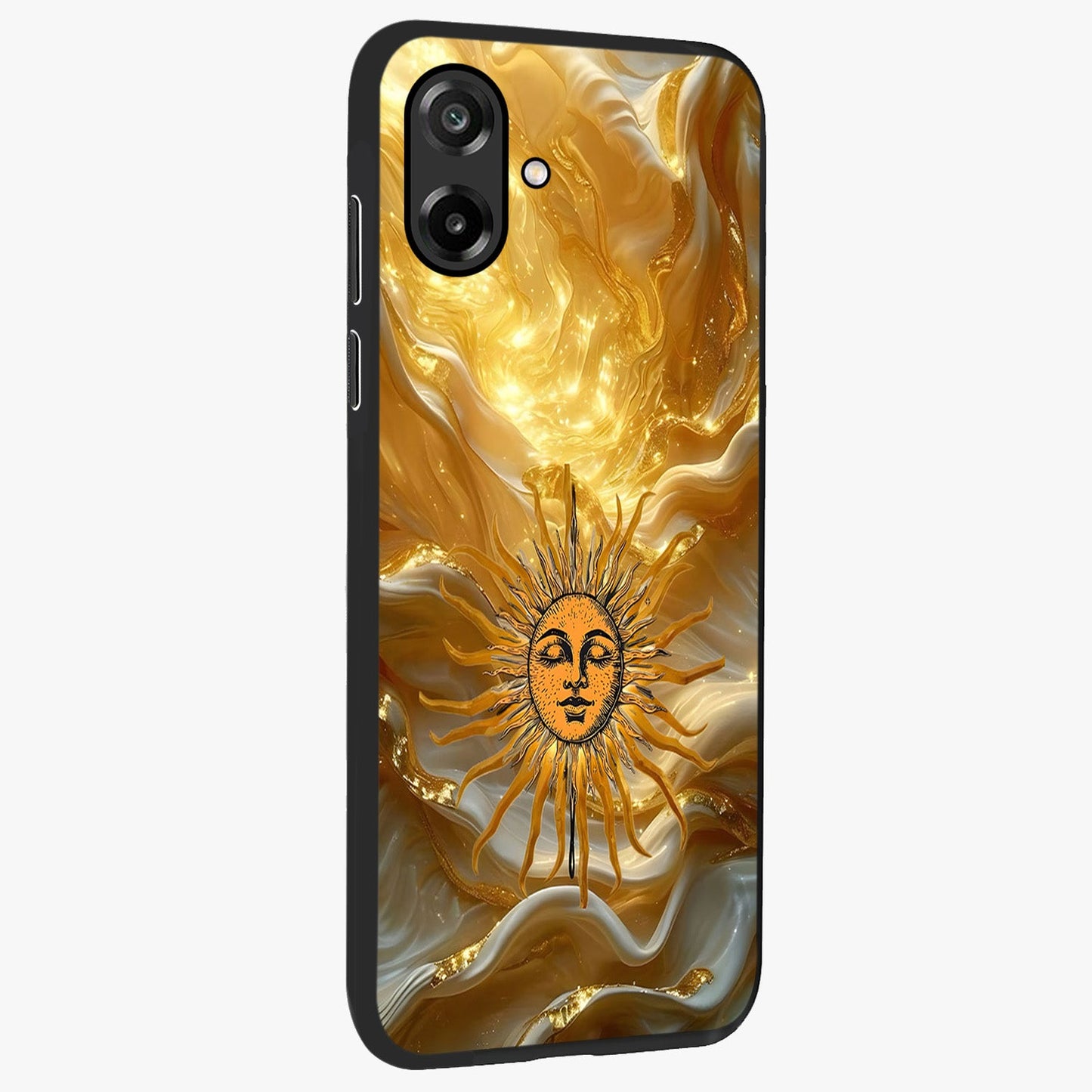 Eternal Golden Glow Glass Case upright view showcasing luminous golden artwork with luxurious visual theme.