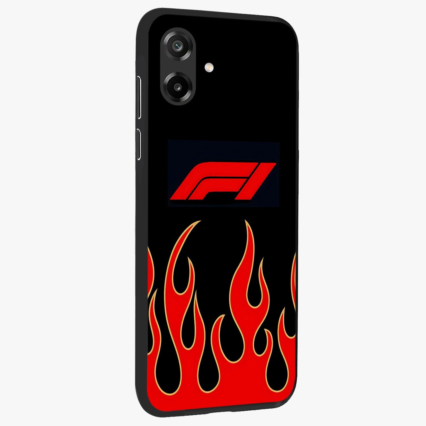 Fire F11 Glass Case upright view showcasing dynamic flame artwork with intense visual theme.