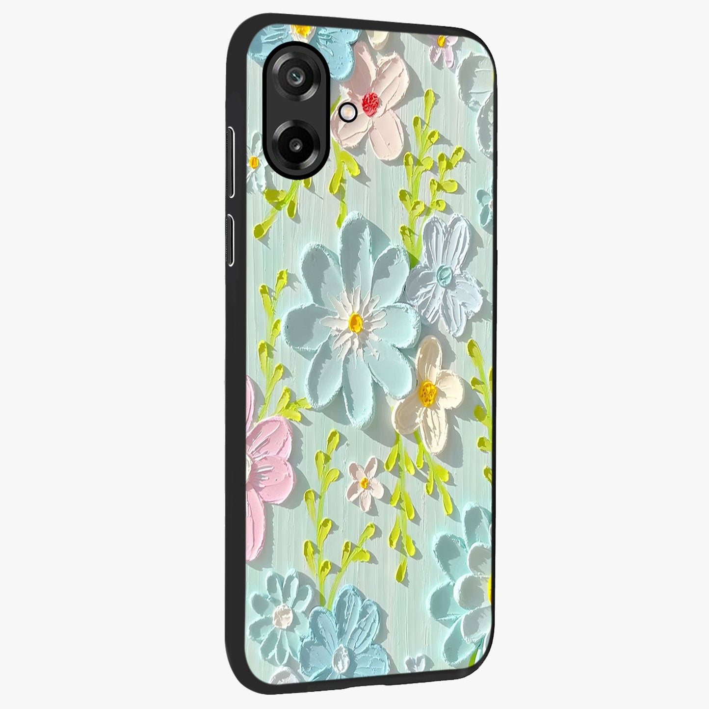 Frosted Petal Garden Glass Case upright view showcasing elegant floral garden artwork with soothing pastel theme.