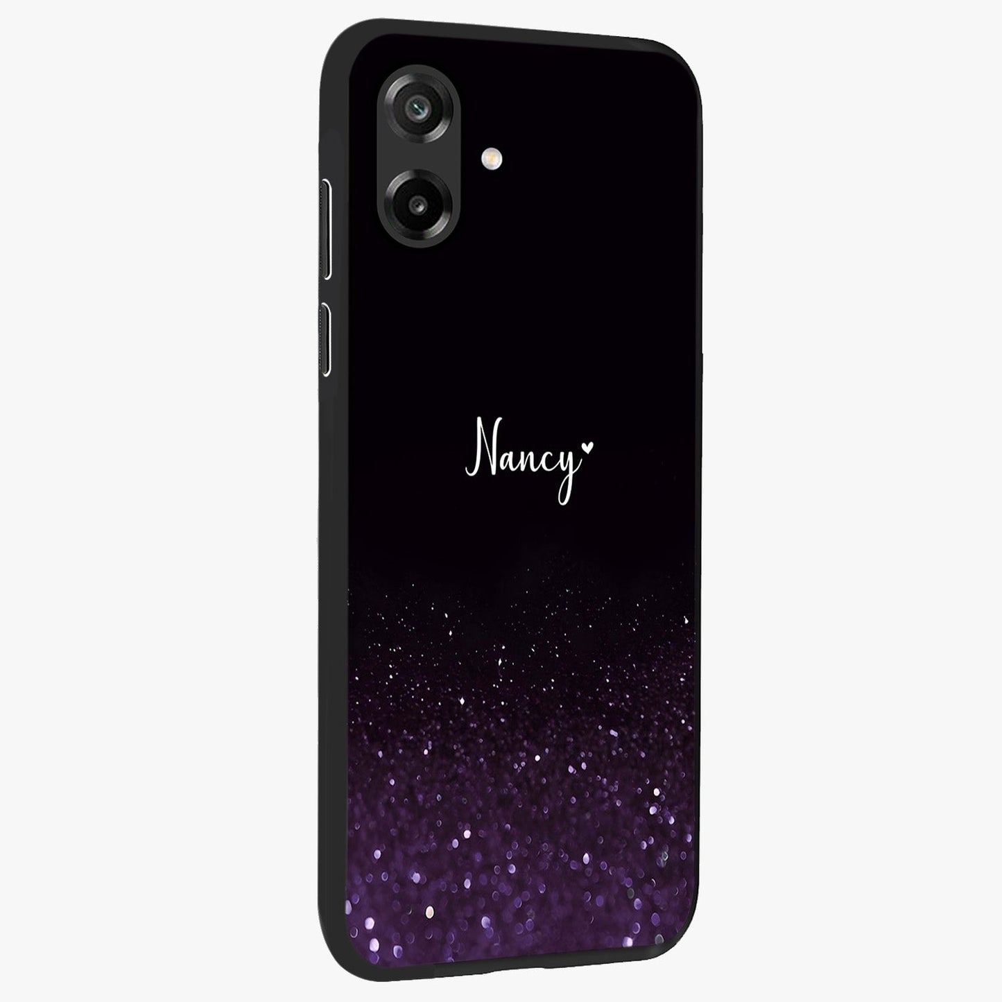 Glittery Purple Bokeh Custom Name Glass Case upright view showcasing vibrant purple sparkle artwork with personalized aesthetic style.
