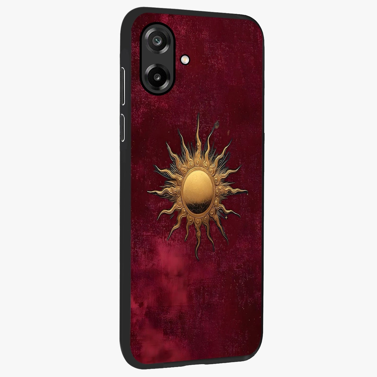 Golden Sun Minimalism Glass Case upright view showcasing simple golden sun artwork with elegant minimalist style.