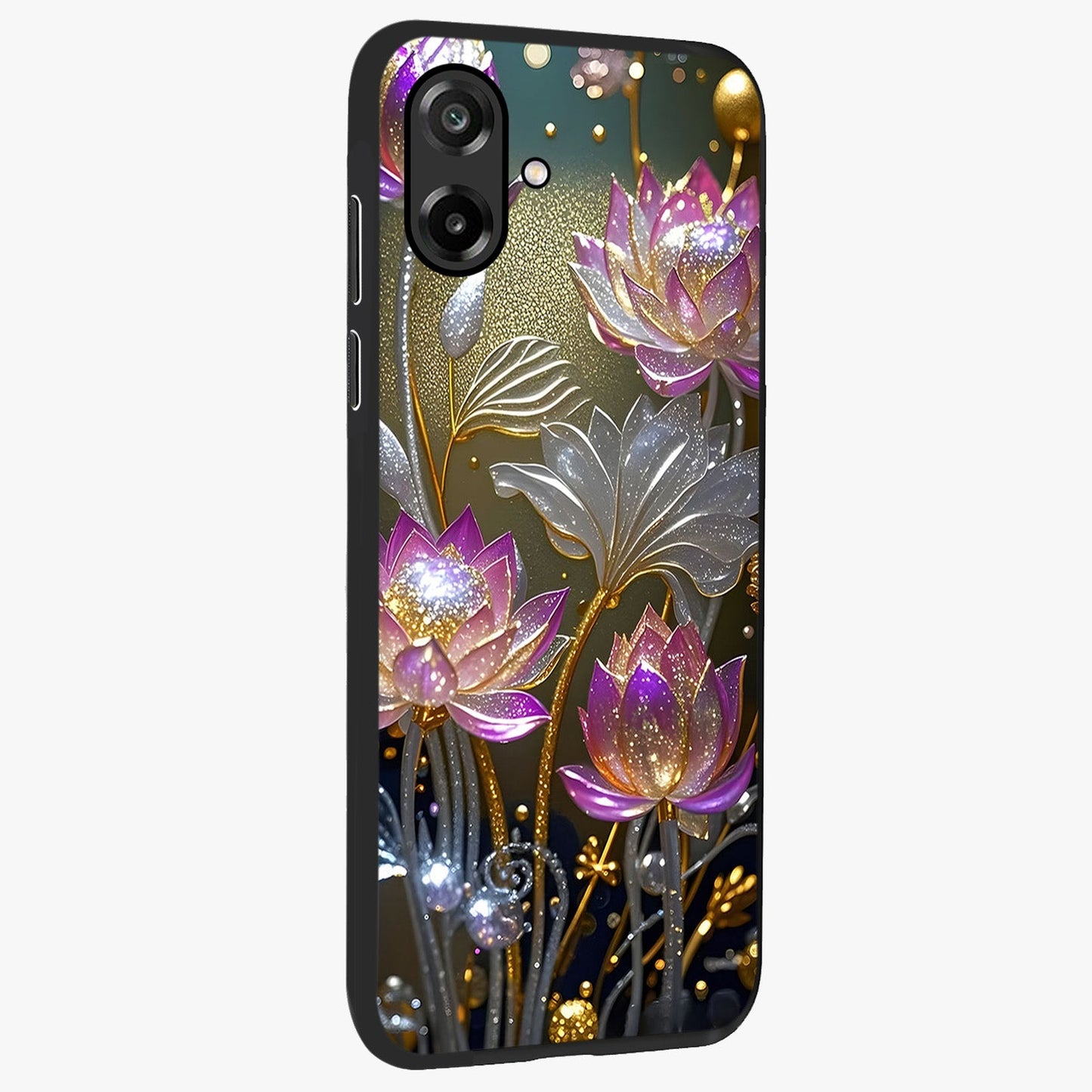 Golden Floral Majesty Glass Case upright view showcasing majestic floral artwork with rich decorative theme.