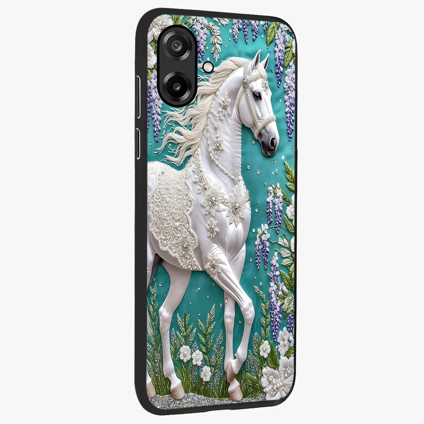 Majestic Floral Stallion Glass Case upright view showcasing dramatic horse artwork with decorative floral theme.