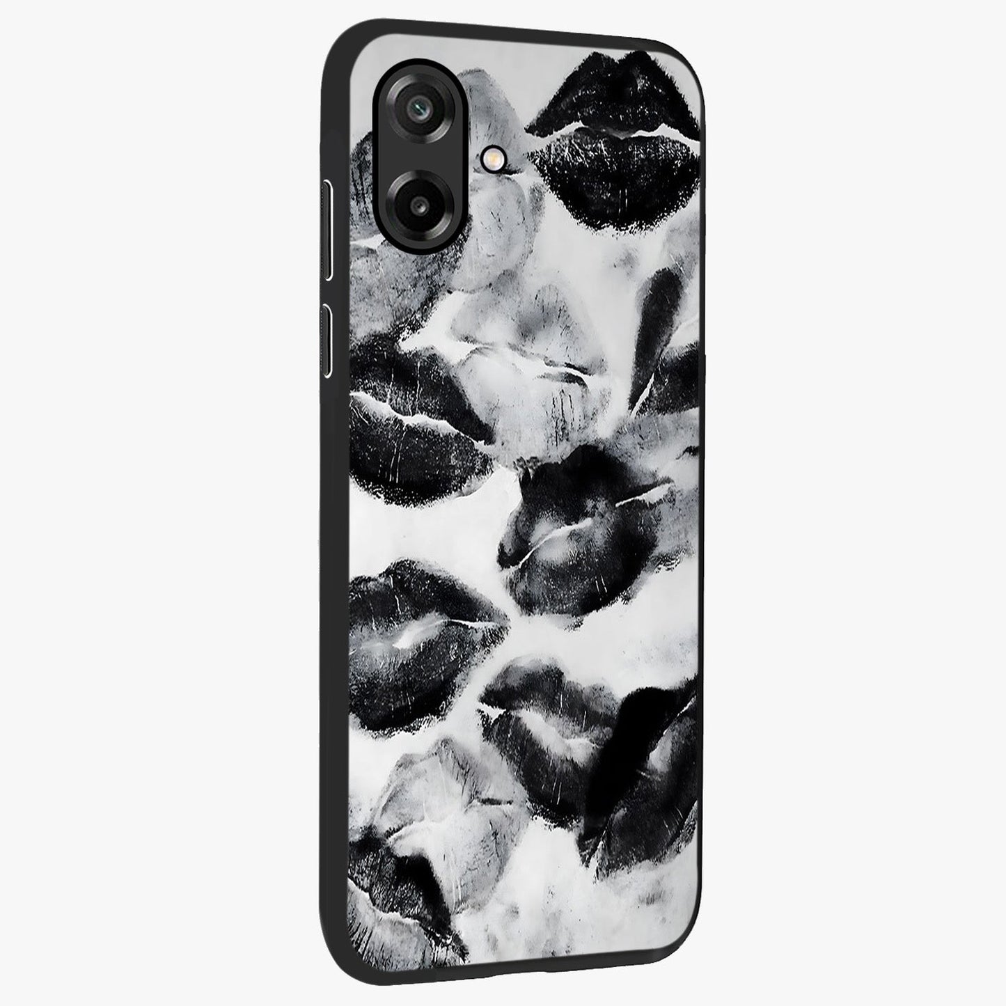 Midnight Kiss Marks Glass Case upright view showcasing stylish kiss mark artwork with trendy romantic theme.