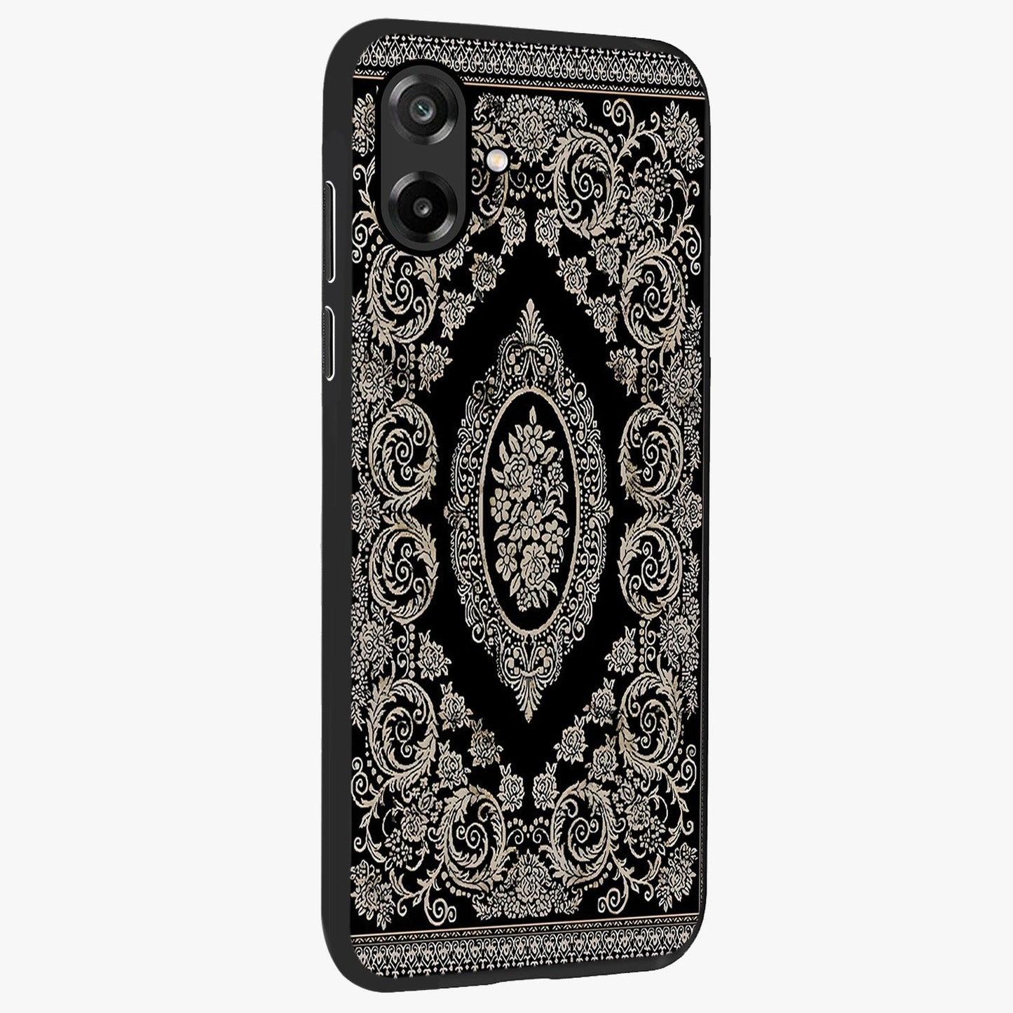 Noir Bloom Elegance Glass Case upright view showcasing graceful floral artwork with luxurious dark theme.