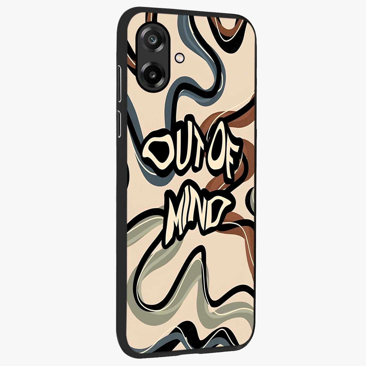 Out Of Mind Glass Case upright view showcasing striking typography artwork with edgy conceptual theme.