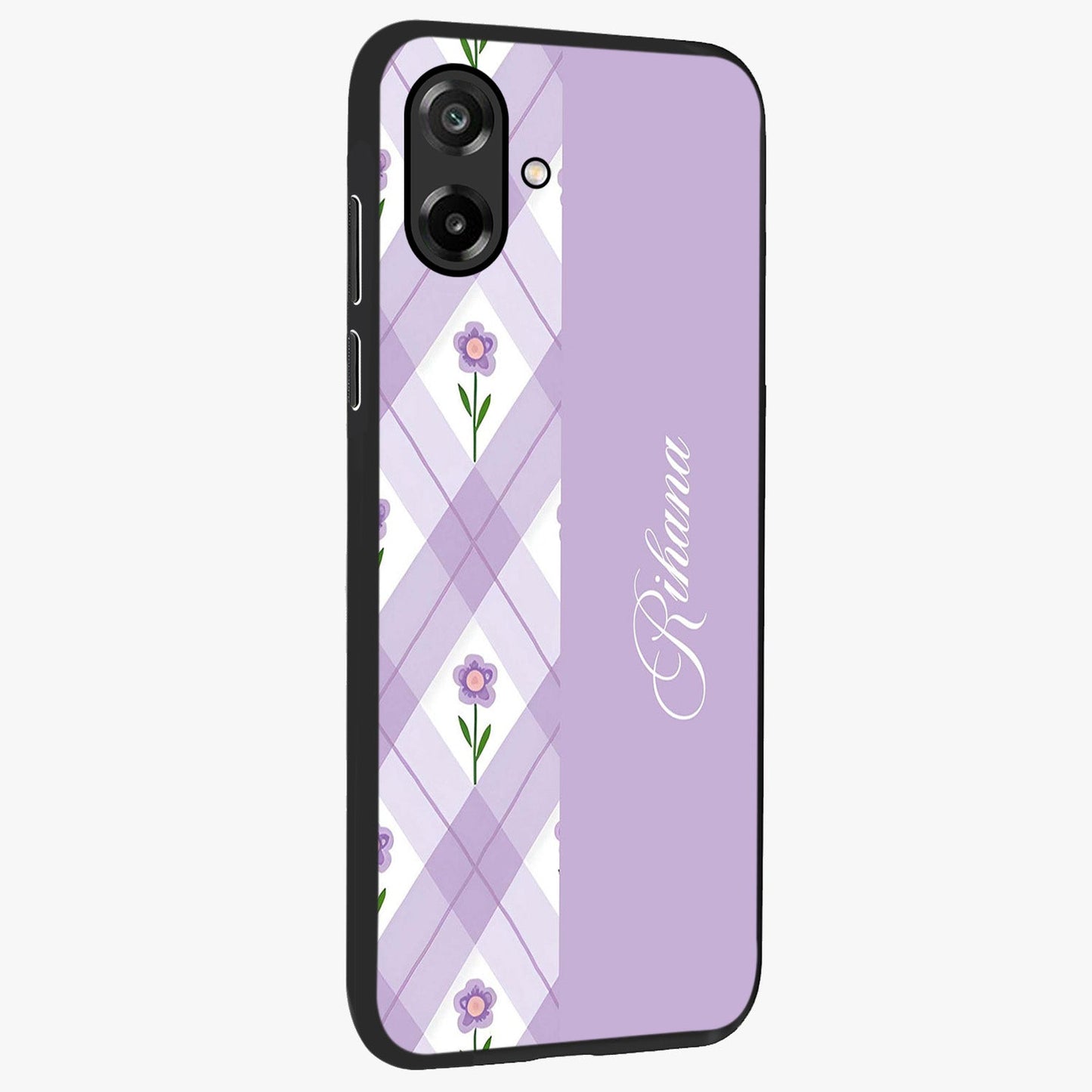 Purple Diamond Floral Glass Case upright view showcasing vibrant floral artwork with stylish geometric theme.