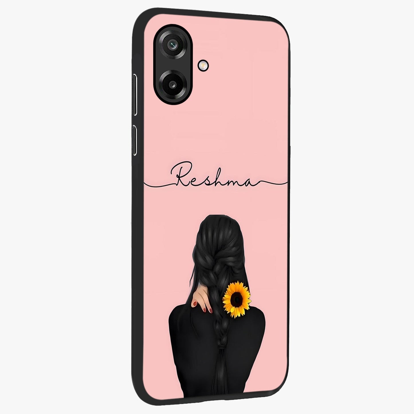 Sunflower Braid Beauty With Custom Name Glass Case upright view showcasing bright sunflower artwork with personalized floral aesthetic.