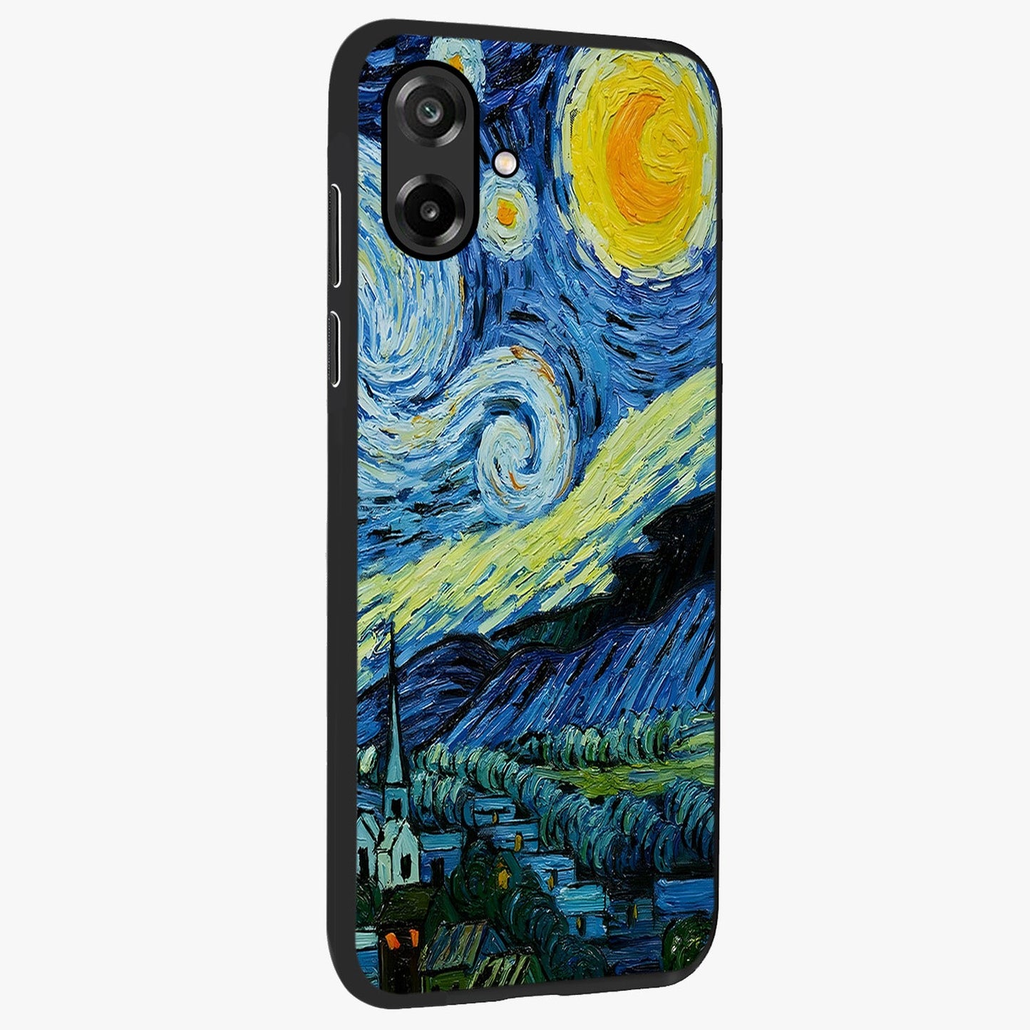 Van Gogh Art Glass Case upright view showcasing expressive painting style artwork with timeless artistic theme.