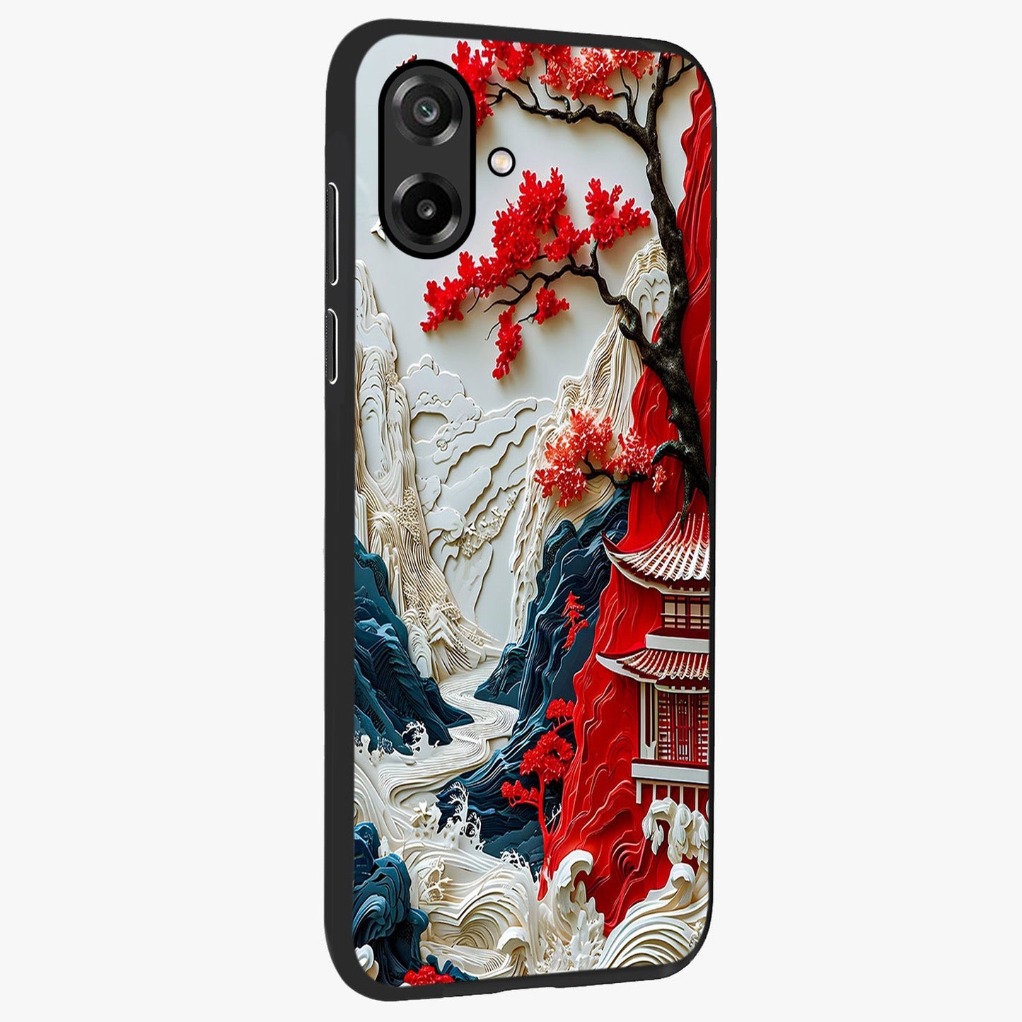 Whispers Of Sakura Waves Glass Case upright view showcasing delicate cherry blossom artwork with elegant nature theme.