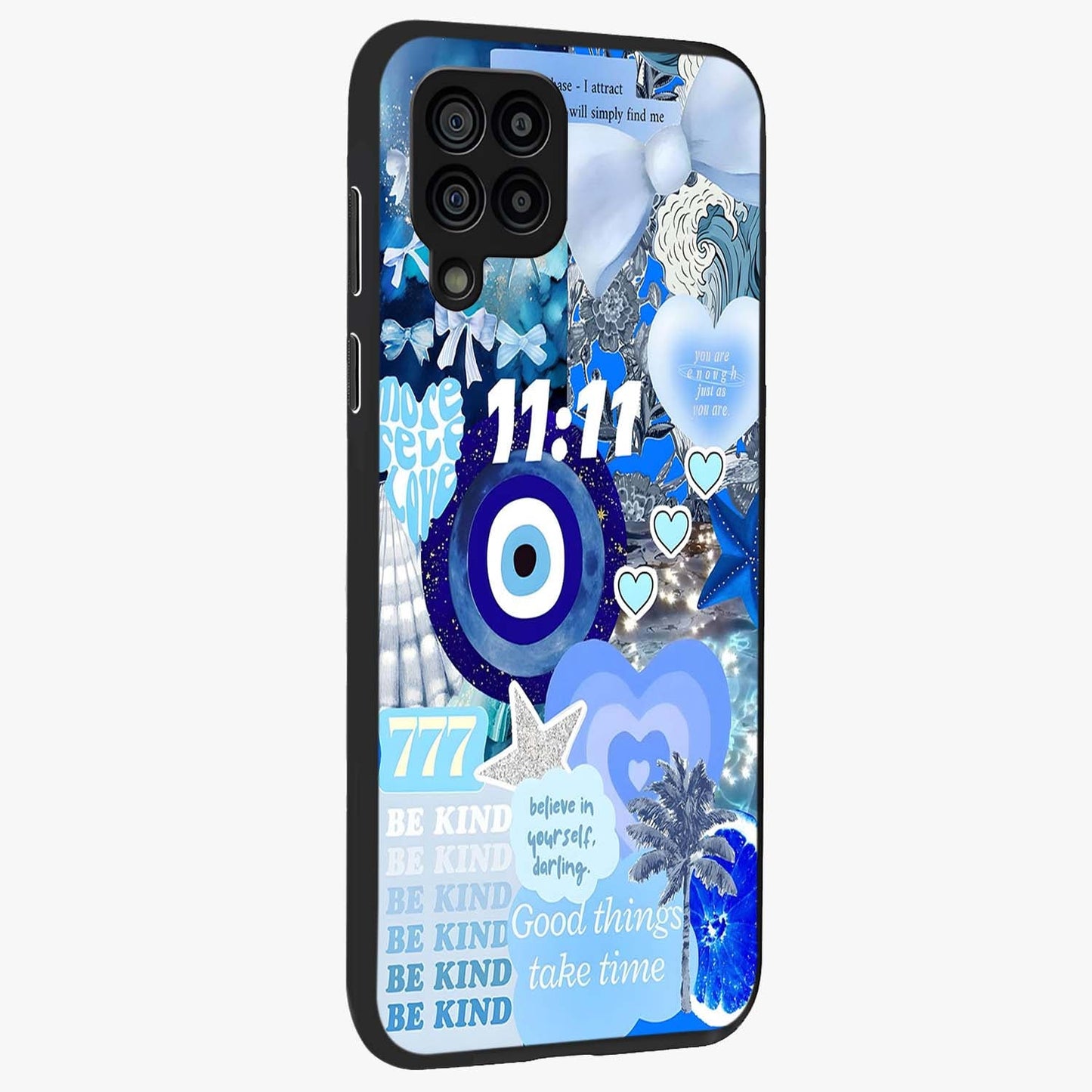 Aesthetic Be Kind Eye Glass Case upright view showcasing stylish eye illustration with positive message theme.