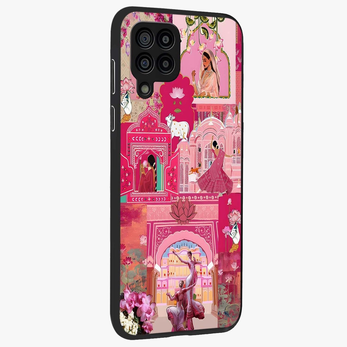 Blossoms of Rajasthan Glass Case upright view showcasing colorful floral design inspired by traditional Indian art.