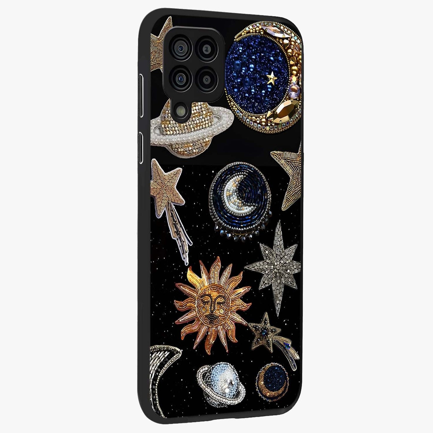 Celestial Gem Constellations Glass Case upright view showcasing cosmic constellation artwork with celestial aesthetic style.